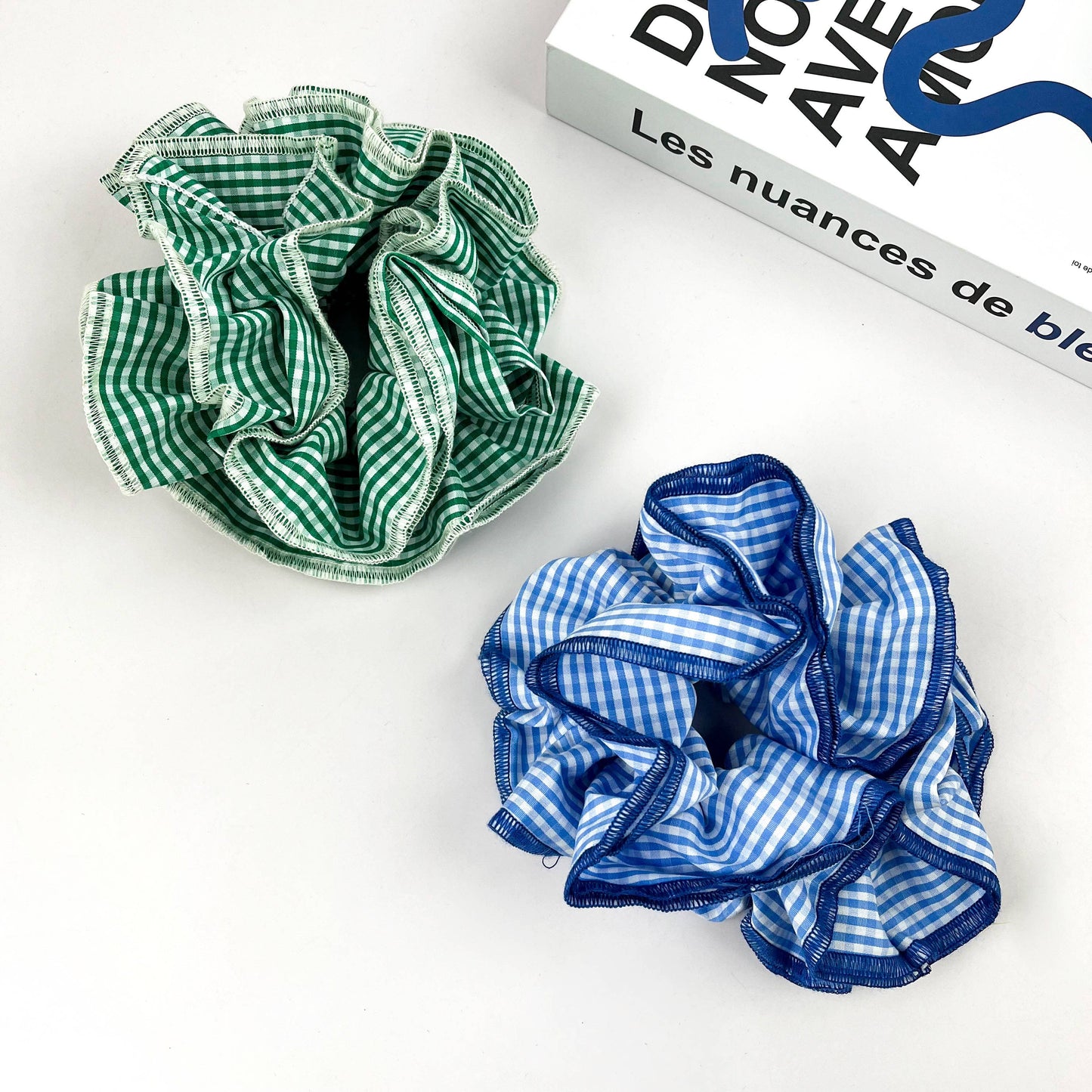 Handmade Retro Double-Layered Two-Tone Plaid Hair Scrunchie Tie