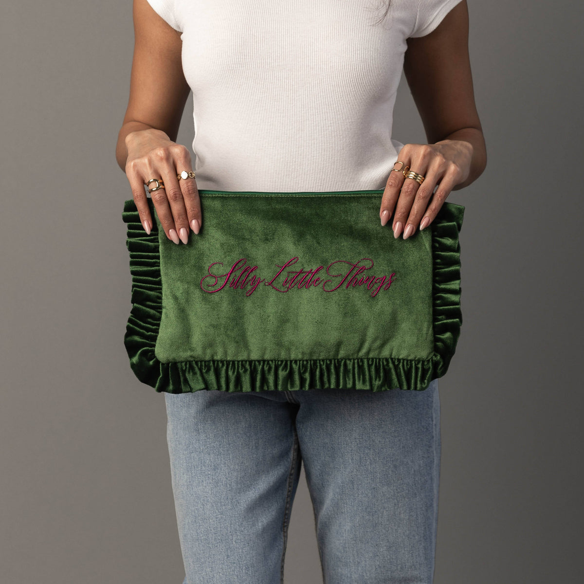 "Silly Little Things" Forest Green Ruffle Travel Pouch