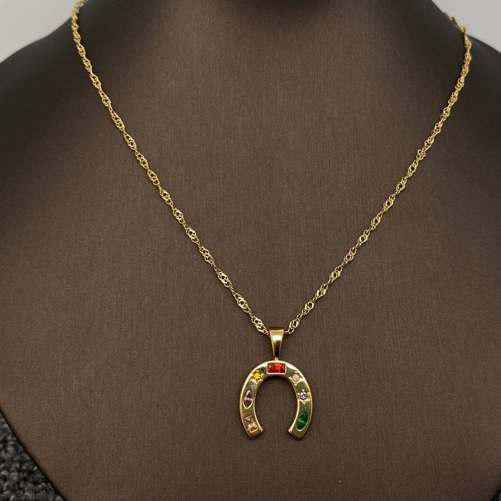Inlaid Gem Golden Horseshoe Pendant Necklace