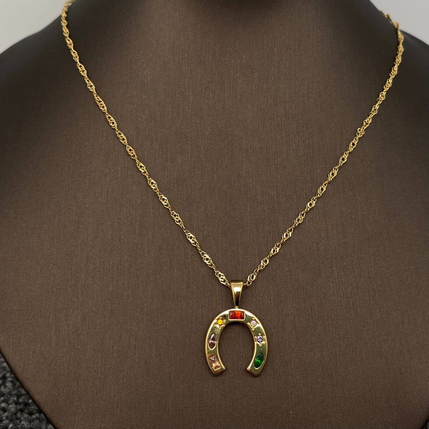 Inlaid Gem Golden Horseshoe Pendant Necklace
