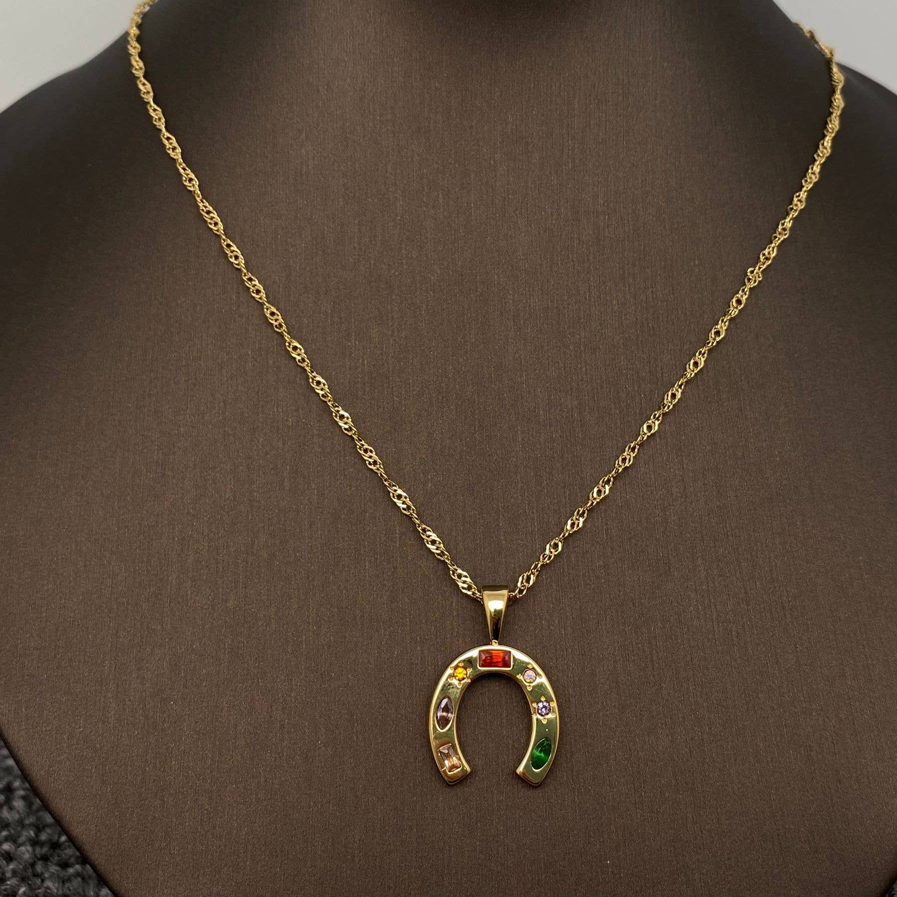 Inlaid Gem Golden Horseshoe Pendant Necklace