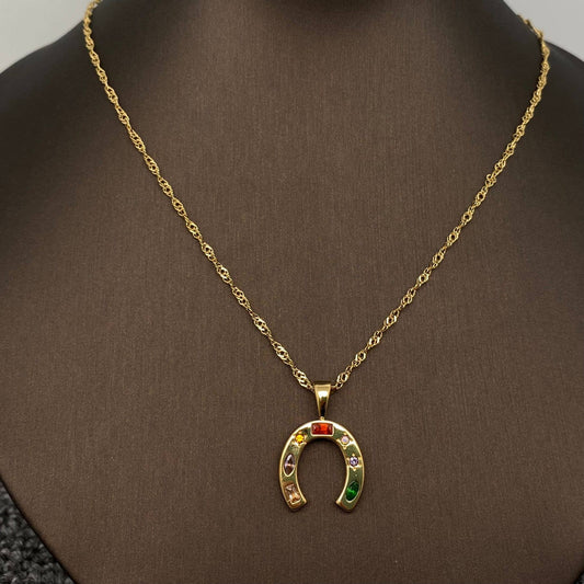 Inlaid Gem Golden Horseshoe Pendant Necklace