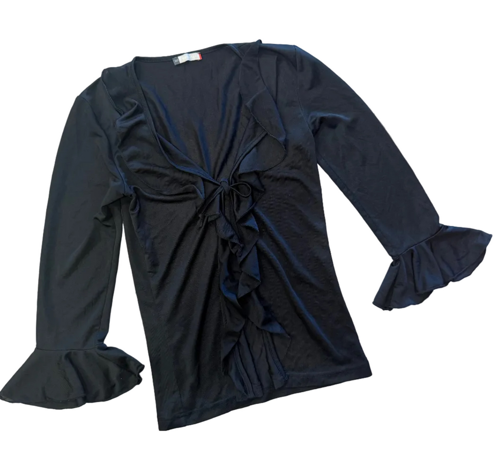 Y2K Black Sheer Ruffle Tie Top