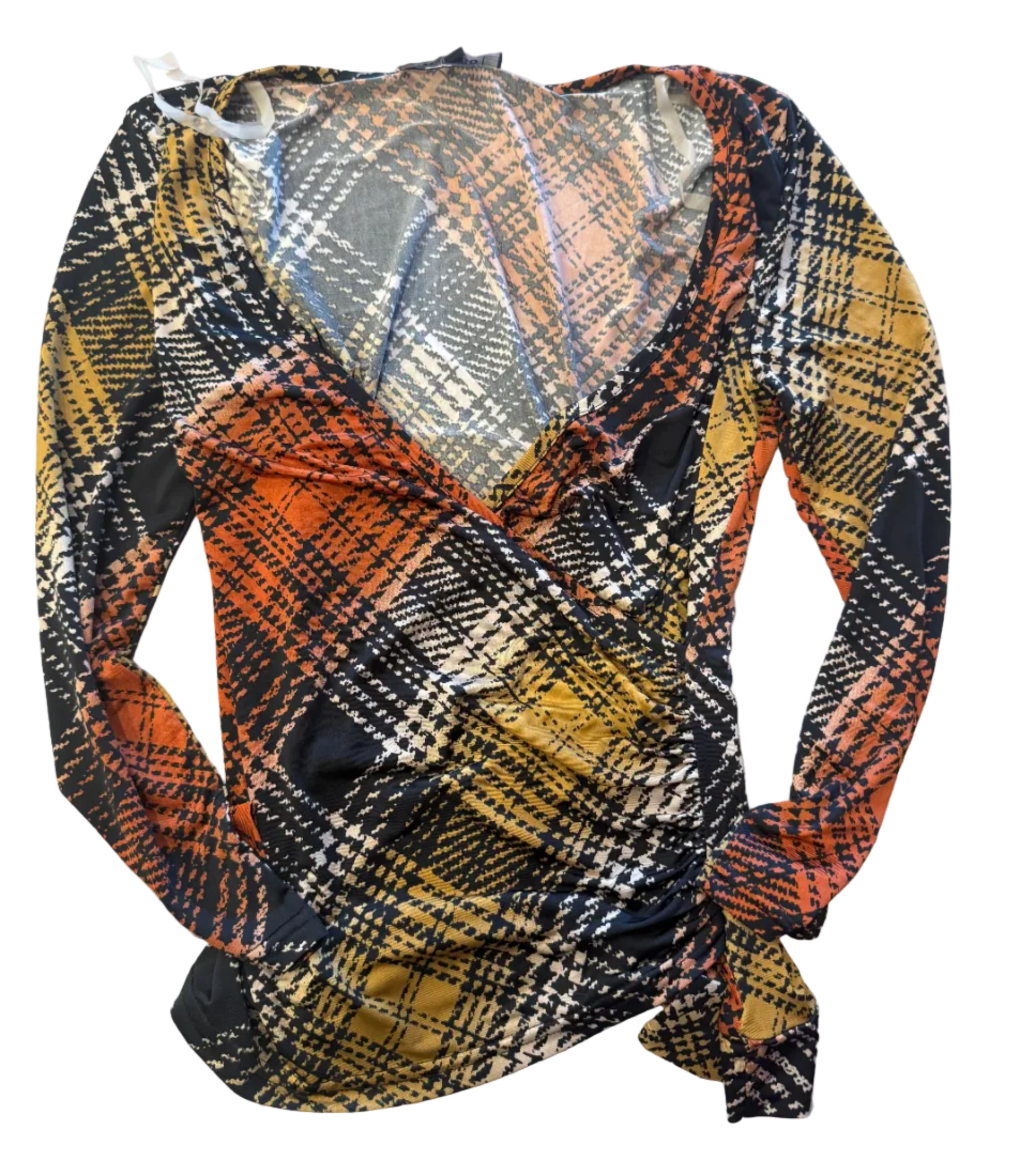 Warm-Toned Plaid Crossover Blouse