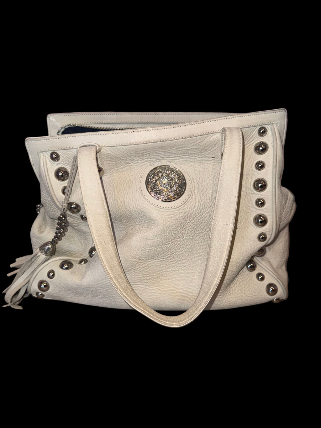 White Leather Y2K Tote Bag with Tassel