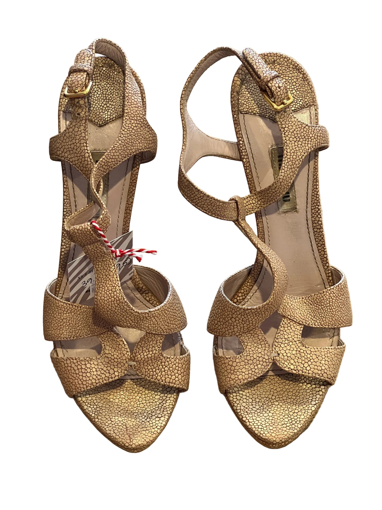 Y2K Miu Miu Blush Pink Shagreen Embossed Leather T-Strap Stiletto Sandals
