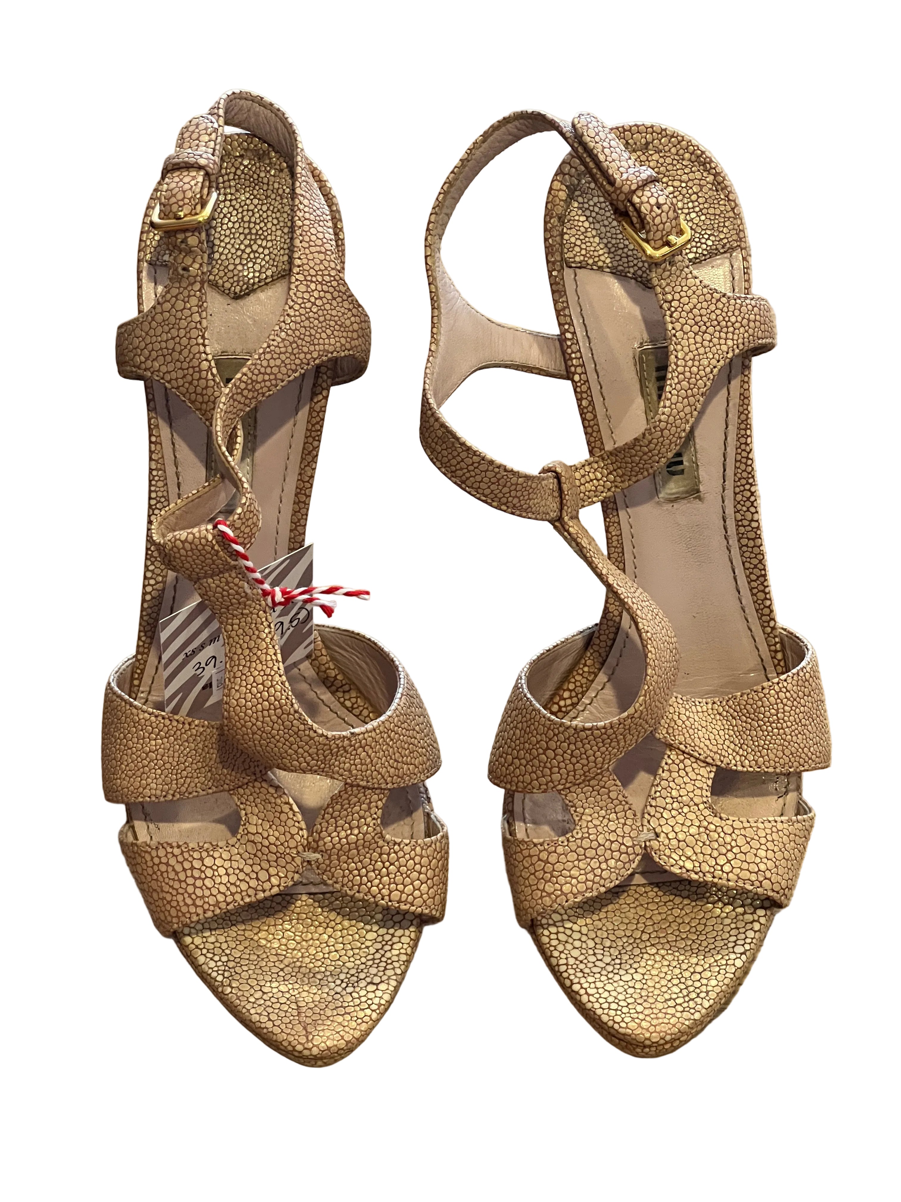 Y2K Miu Miu Blush Pink Shagreen Embossed Leather T-Strap Stiletto Sandals