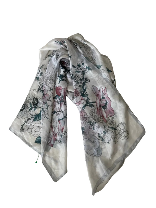 Y2K Vince Camuto White Satin Floral Scarf
