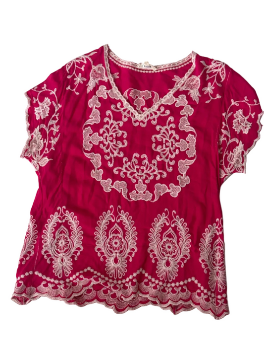 Vintage Pink Linen Hand-Embroidered Floral Top