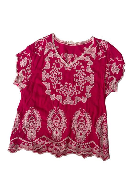Vintage Pink Linen Hand-Embroidered Floral Top