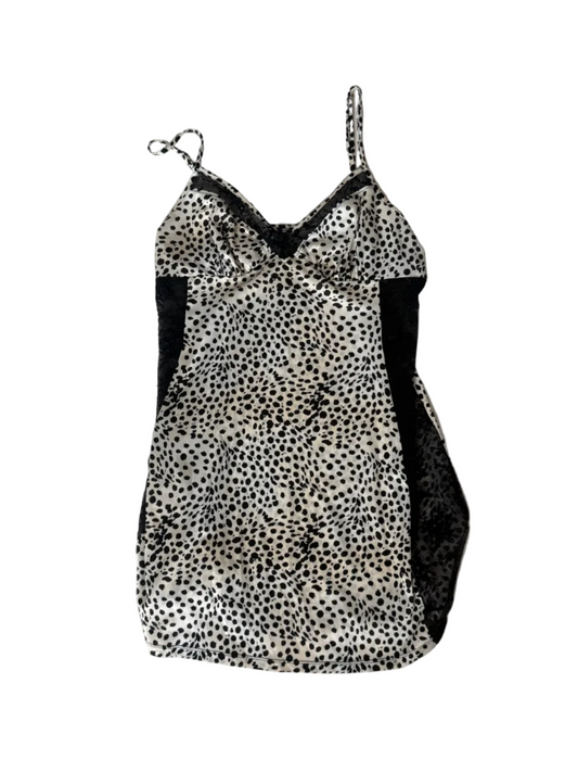 Y2K White Leopard Satin Lace Slip Dress