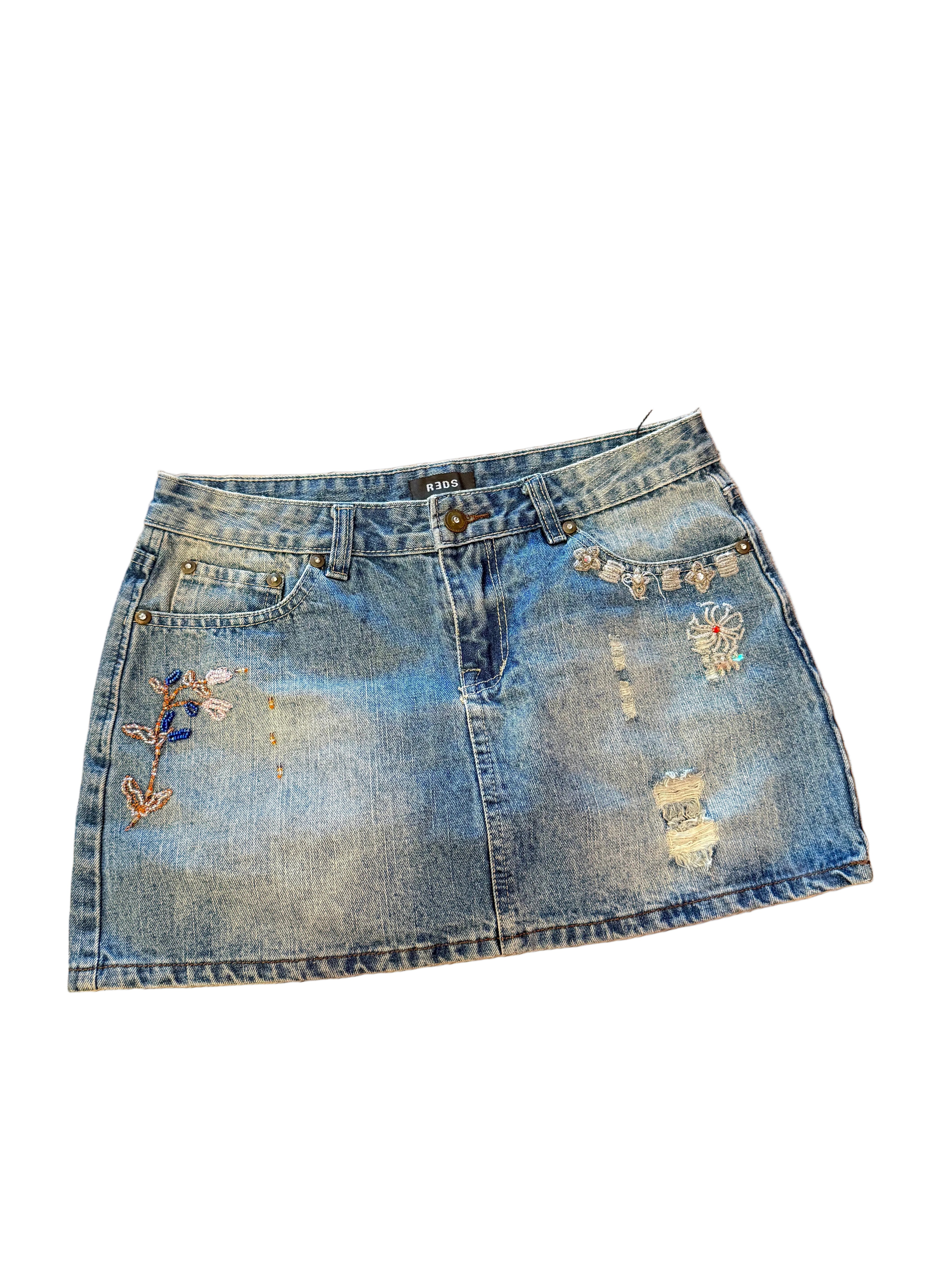 Authentic Y2K Hand-Beaded Denim Mini Skirt
