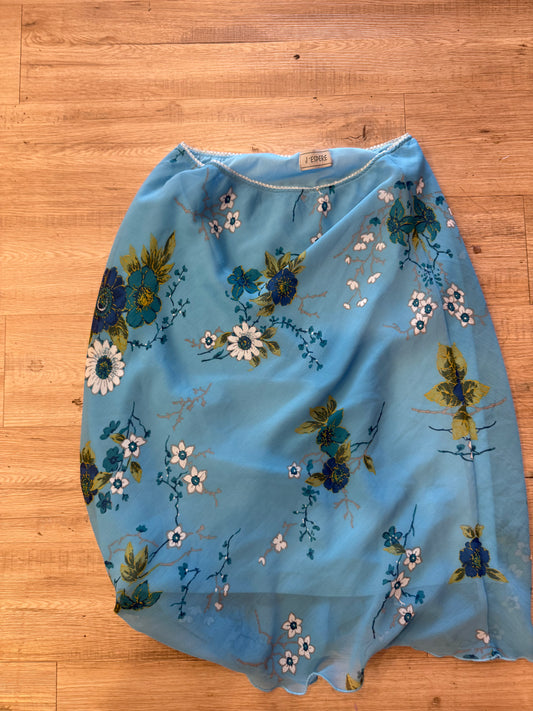J’ESPERE Vintage 90s Light Blue Floral Chiffon Midi Skirt