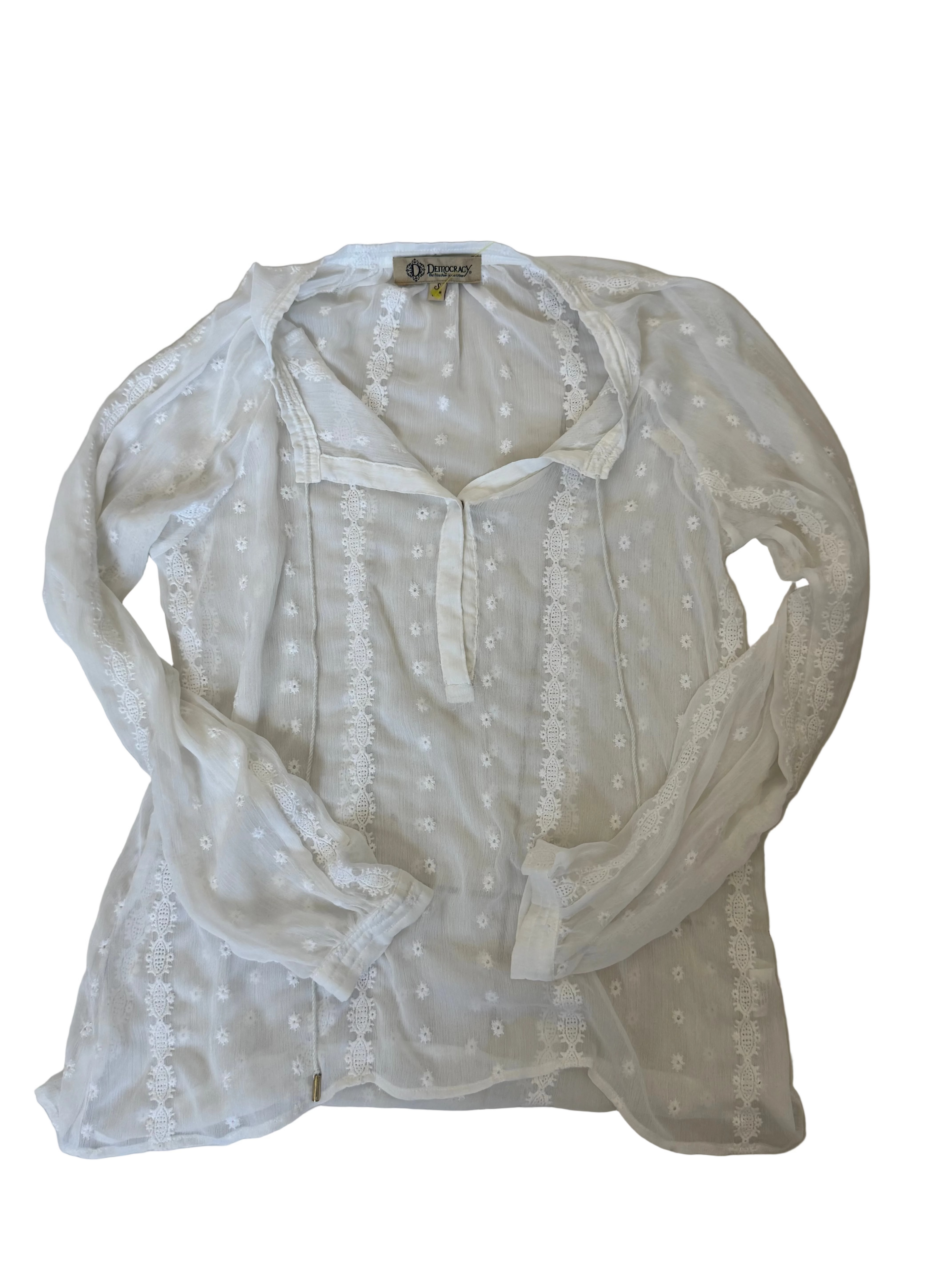 Democracy White Embroidered Sheer Boho Top – Size Small