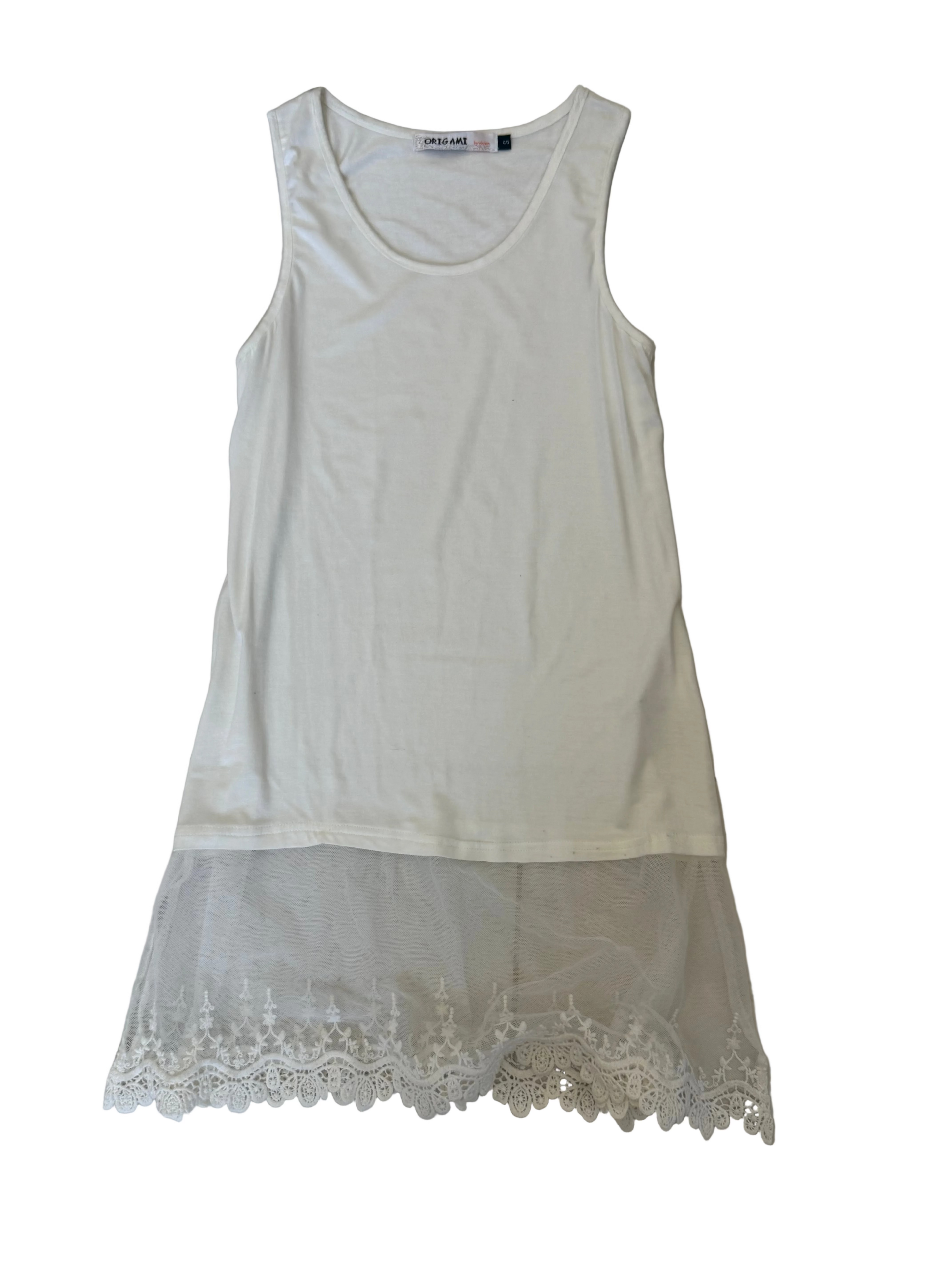 White Longline Tank Top with Sheer Lace Panel – Size XS/S