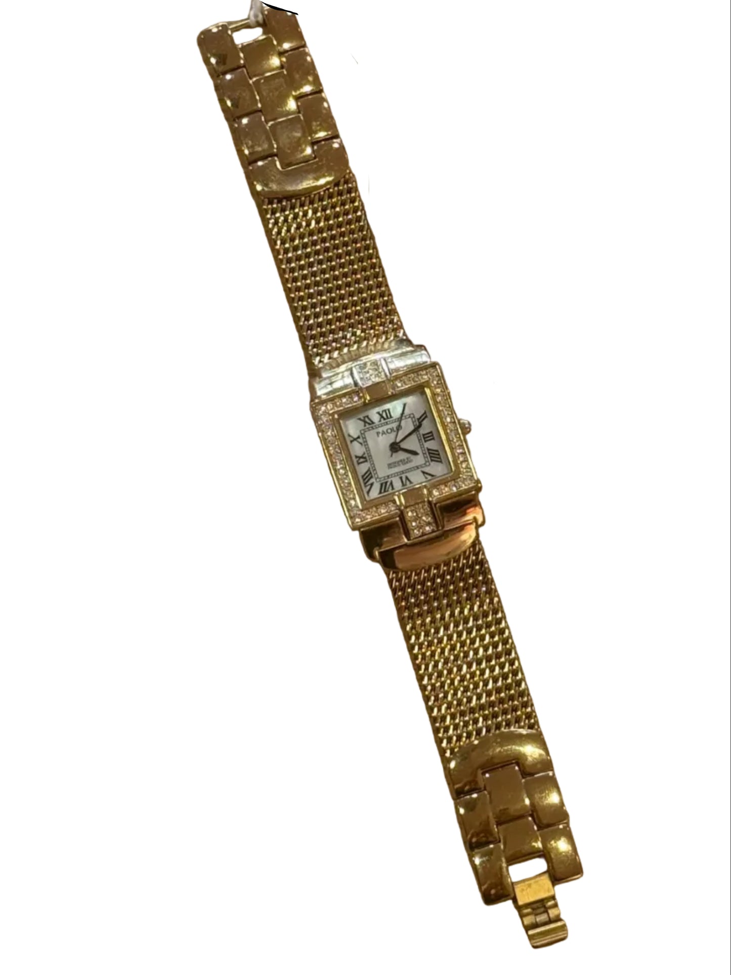 Vintage Gold Mesh Rectangle Watch – Rhinestone Bezel | One-of-a-Kind 90s Glam
