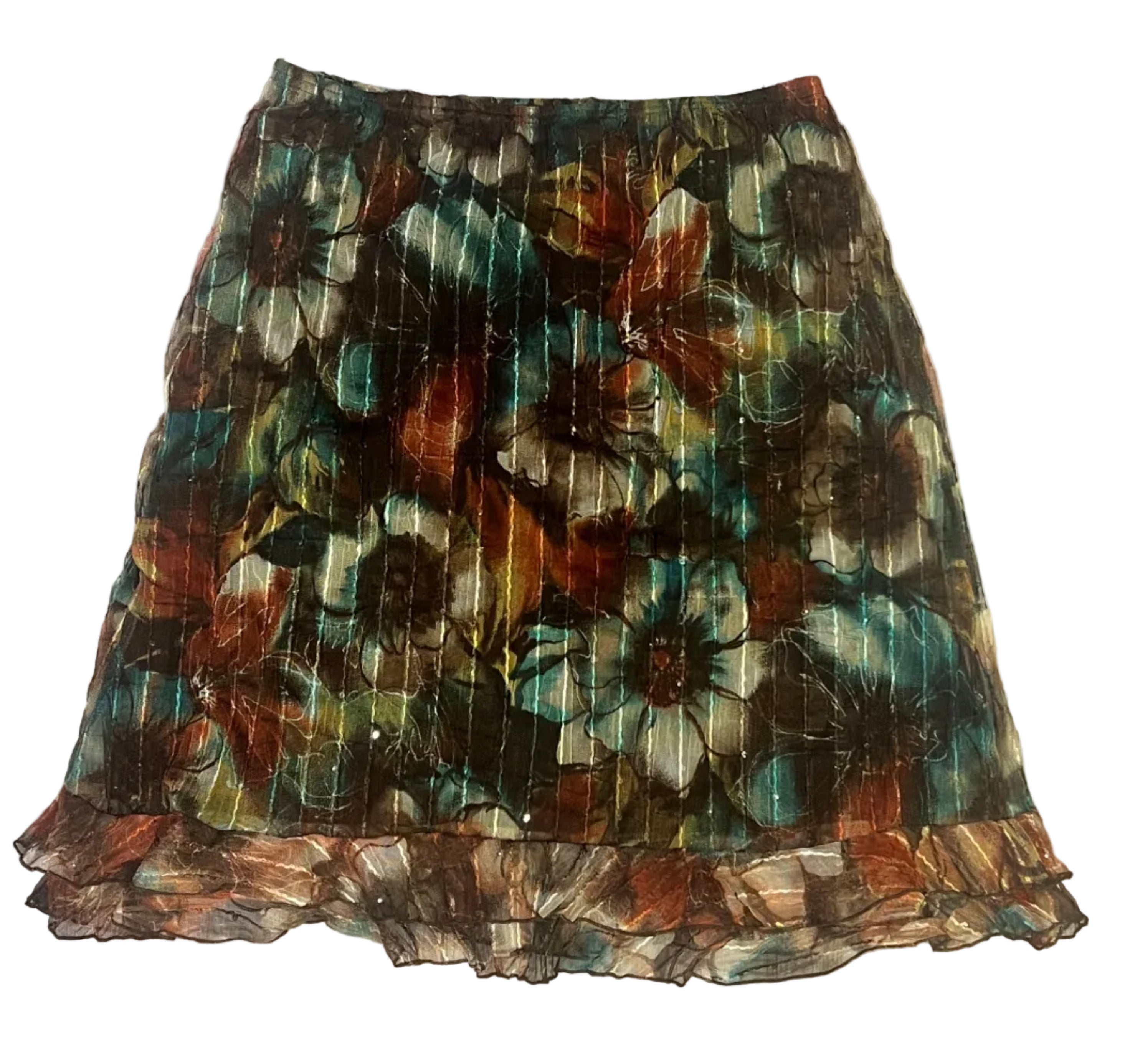 Y2K Earth Tone Floral Sequins Tulle Slip Skirt