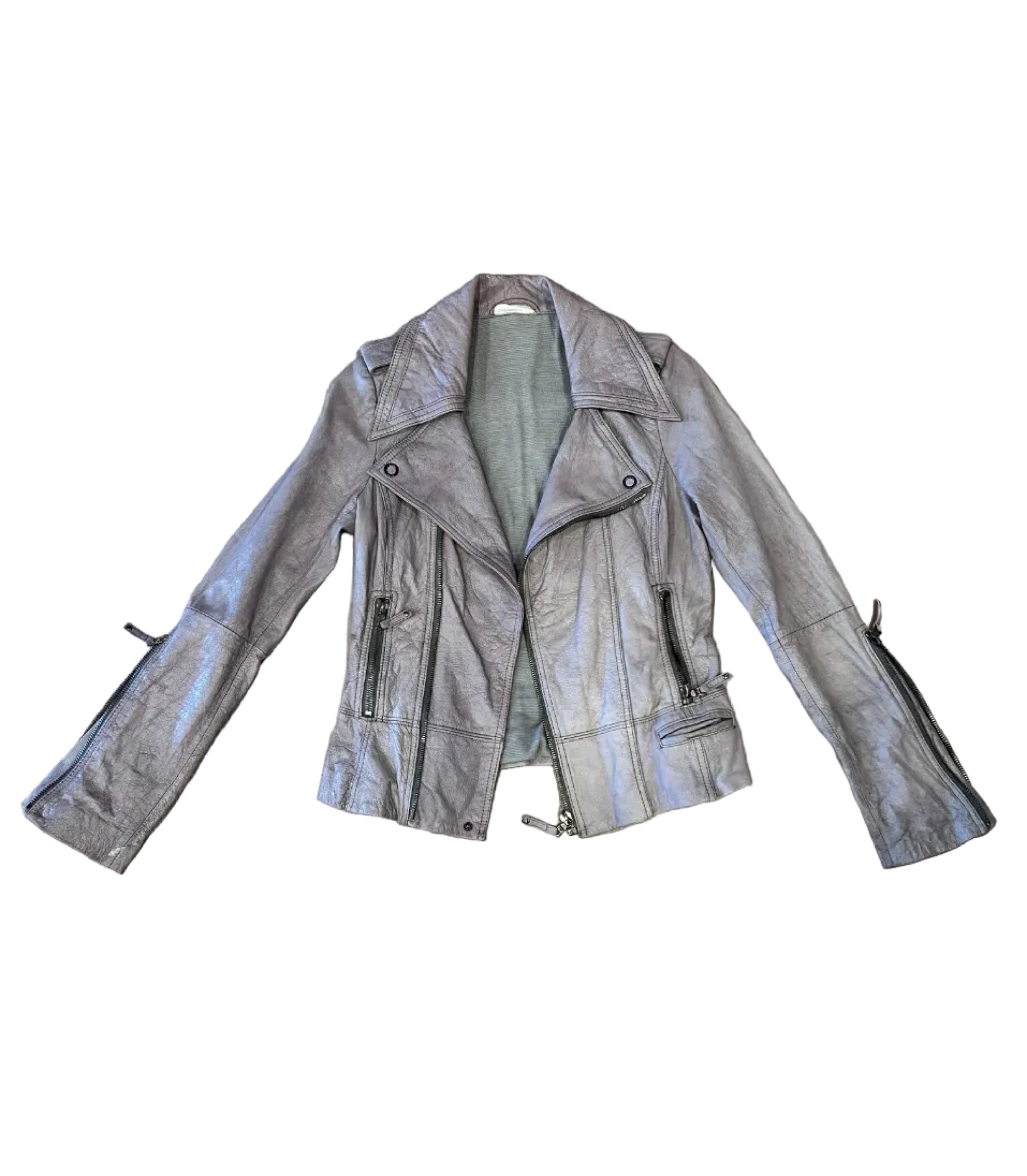 Ever Gray Metallic Sheen Leather Moto Jacket