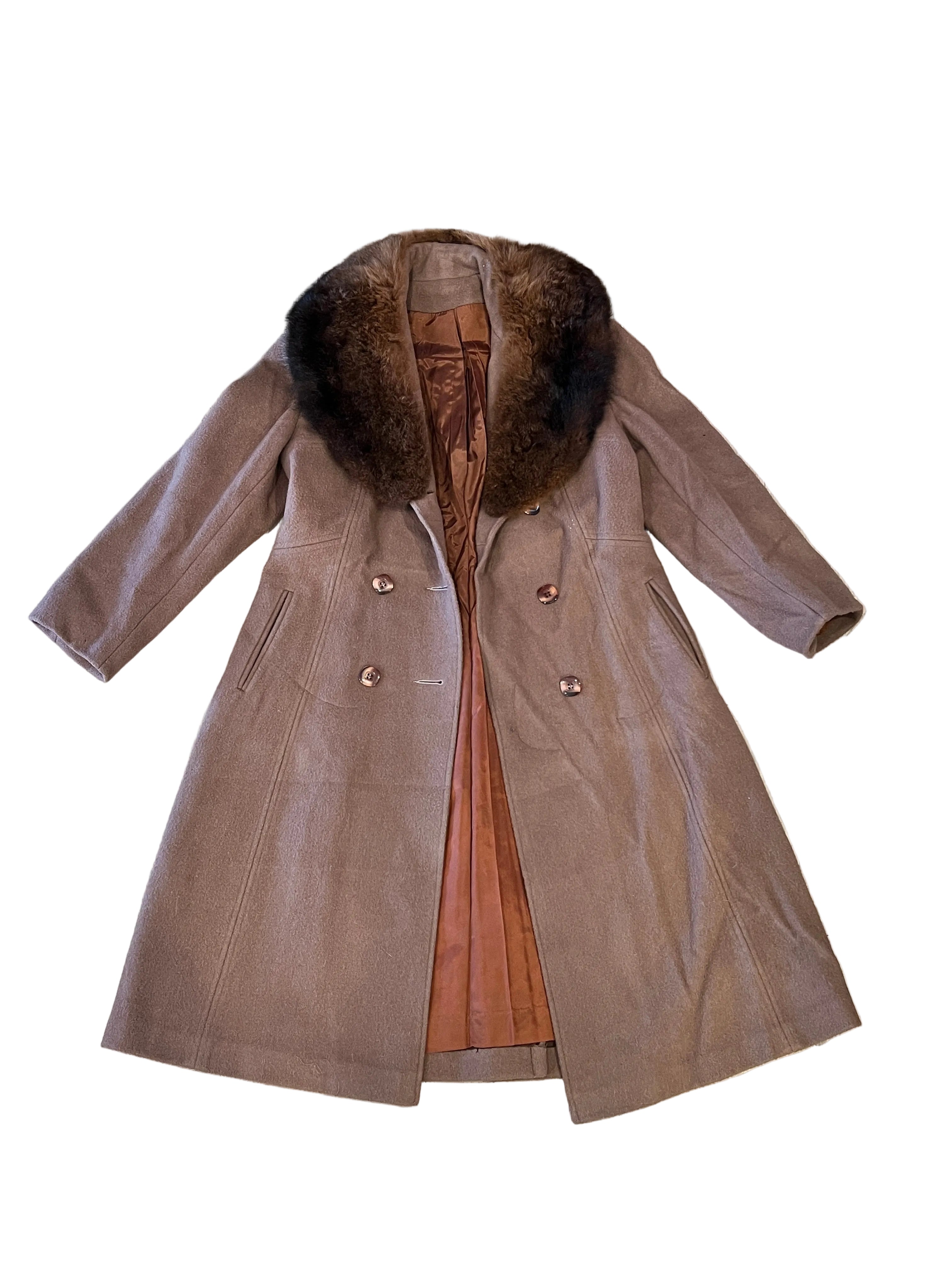 Vintage Brown Wool Coat with Faux Fur Trim