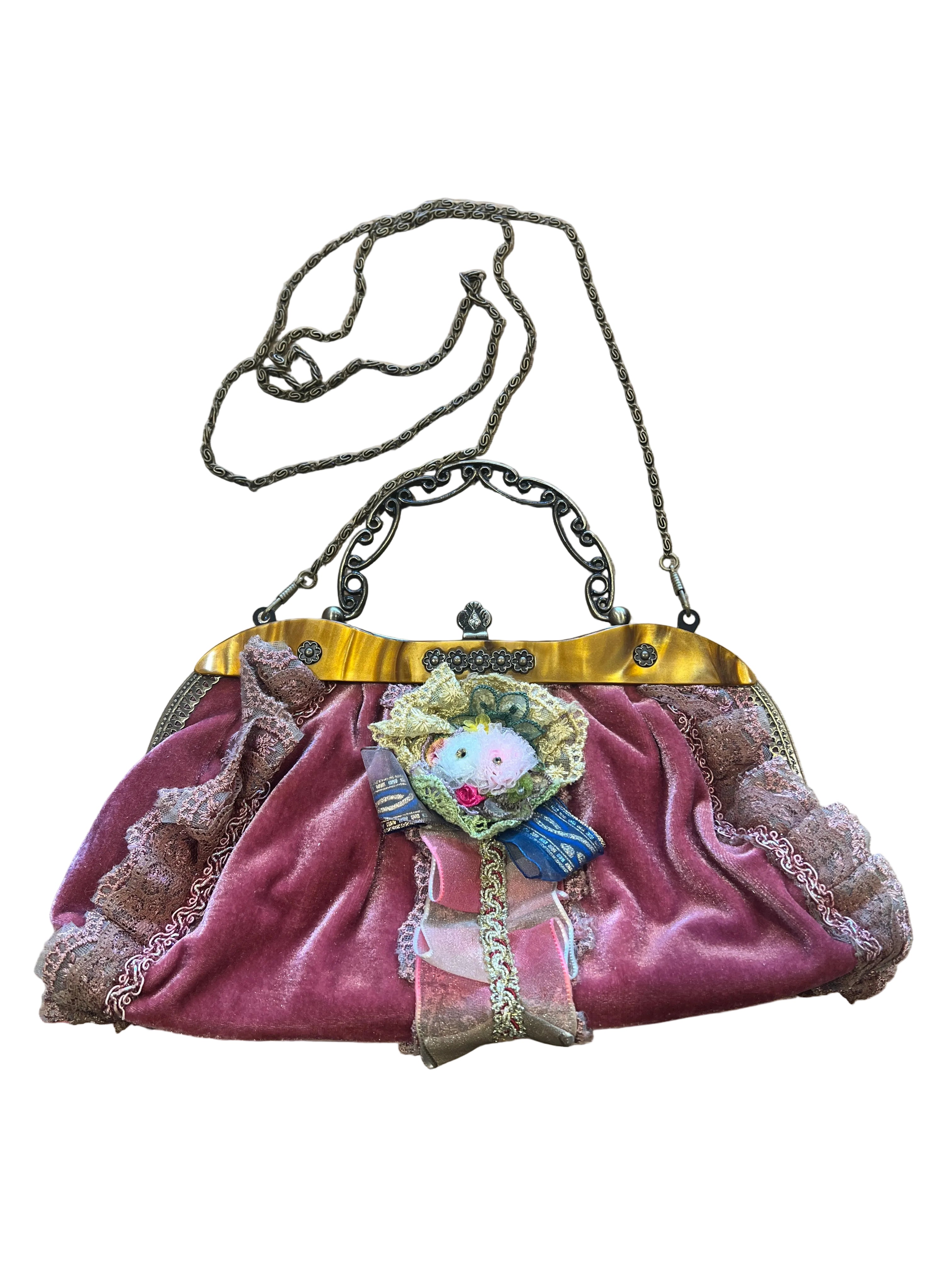 Vintage Dusty Rose Velvet and Lace Clutch