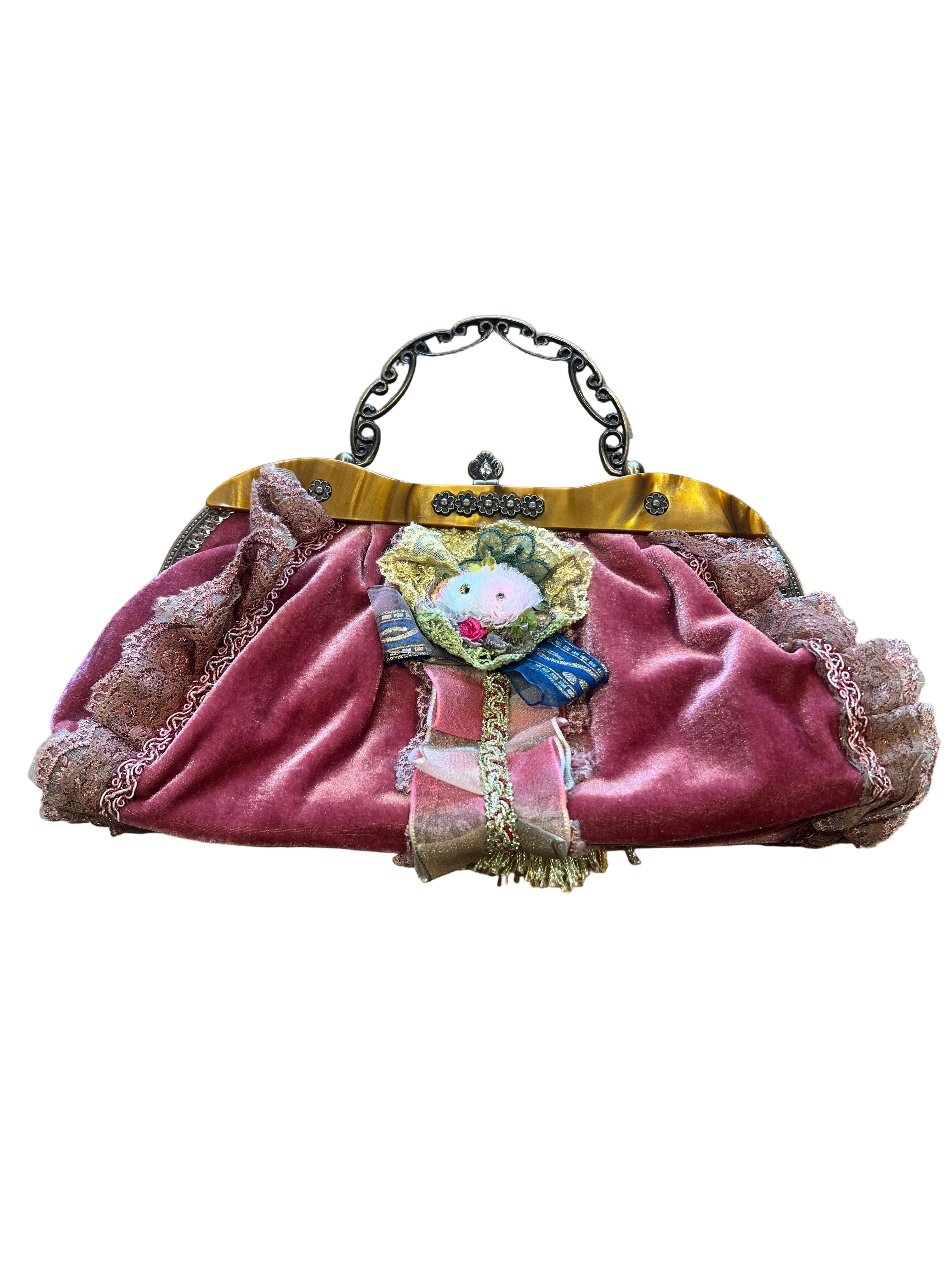 Vintage Dusty Rose Velvet and Lace Clutch