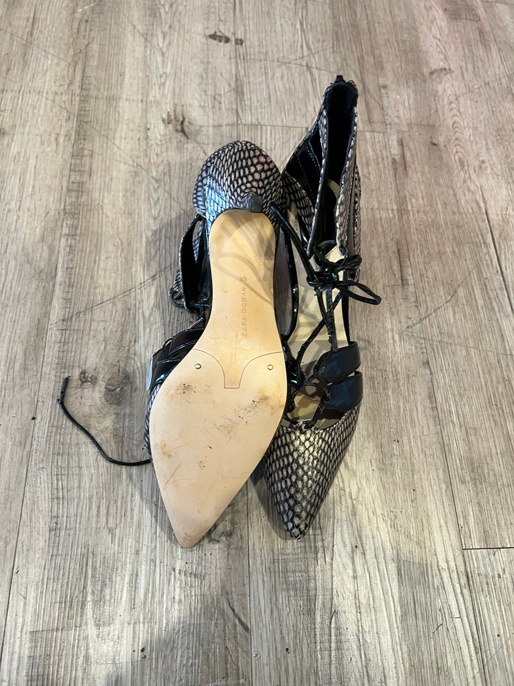 ZARA Snakeskin Lace-Up Pointed Toe Heels
