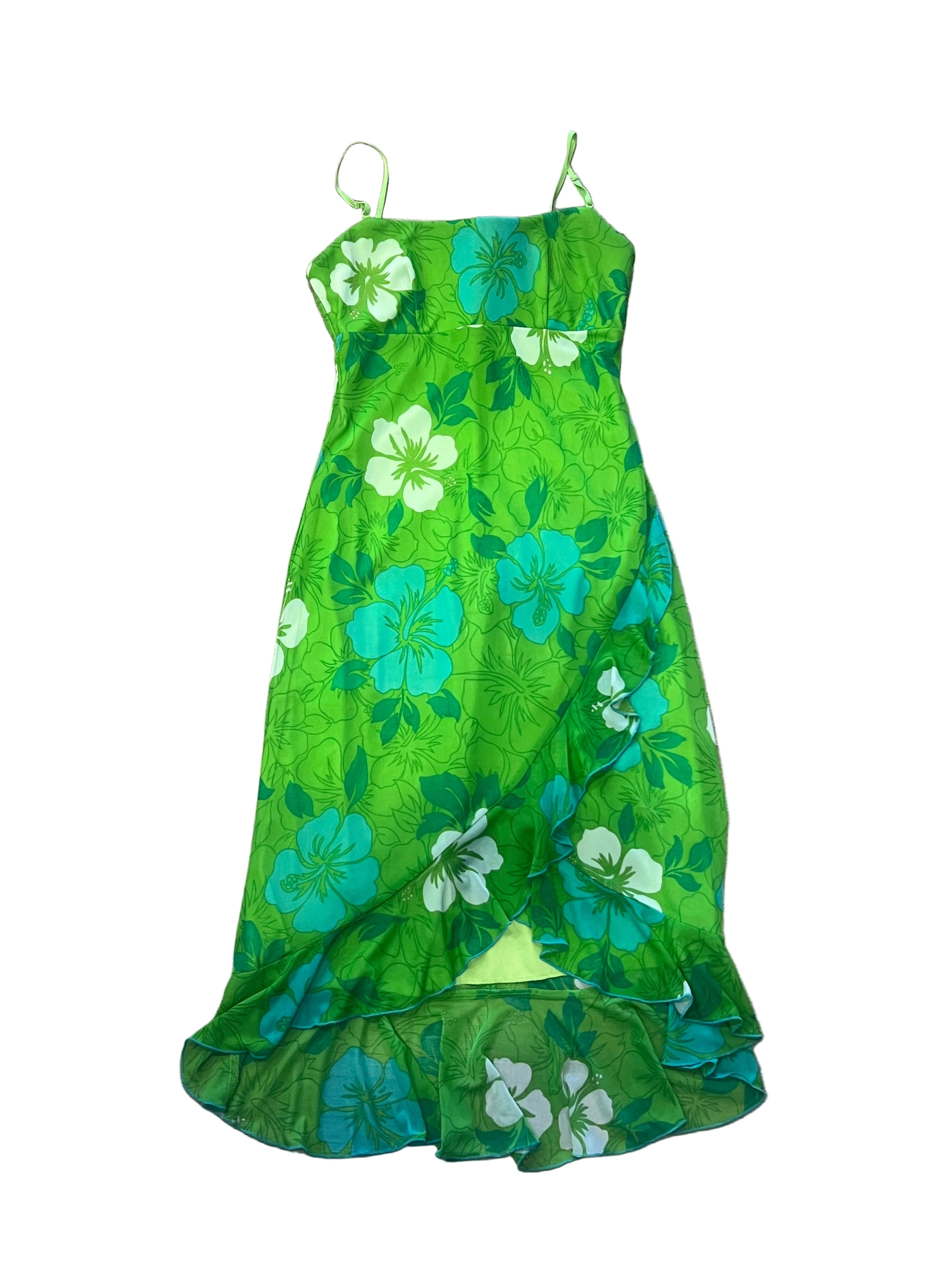Y2K Tropical Floral Green Spaghetti Strap Dress