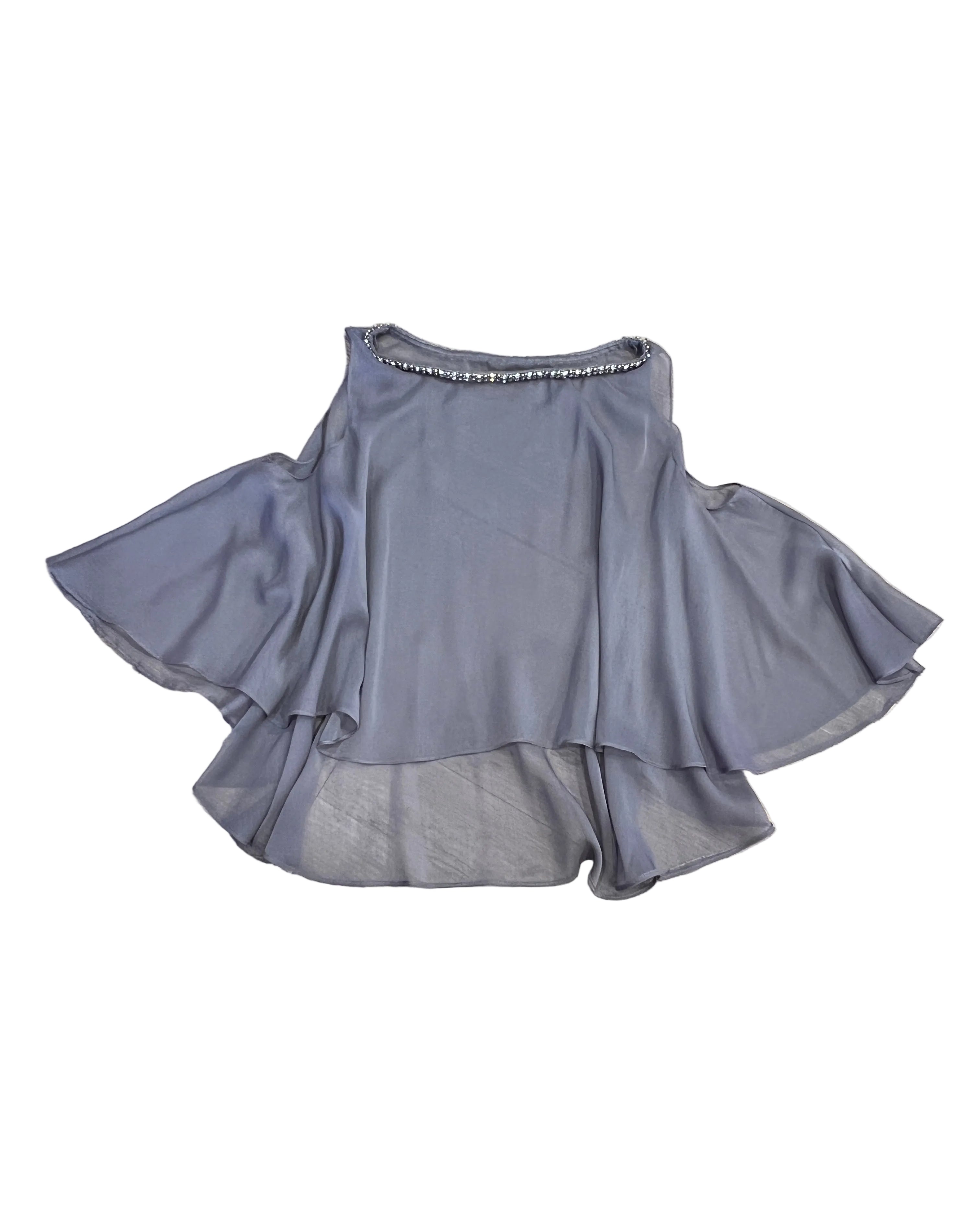Sheer Dove Grey Cape Blouse with Rhinestone Neck Detail
