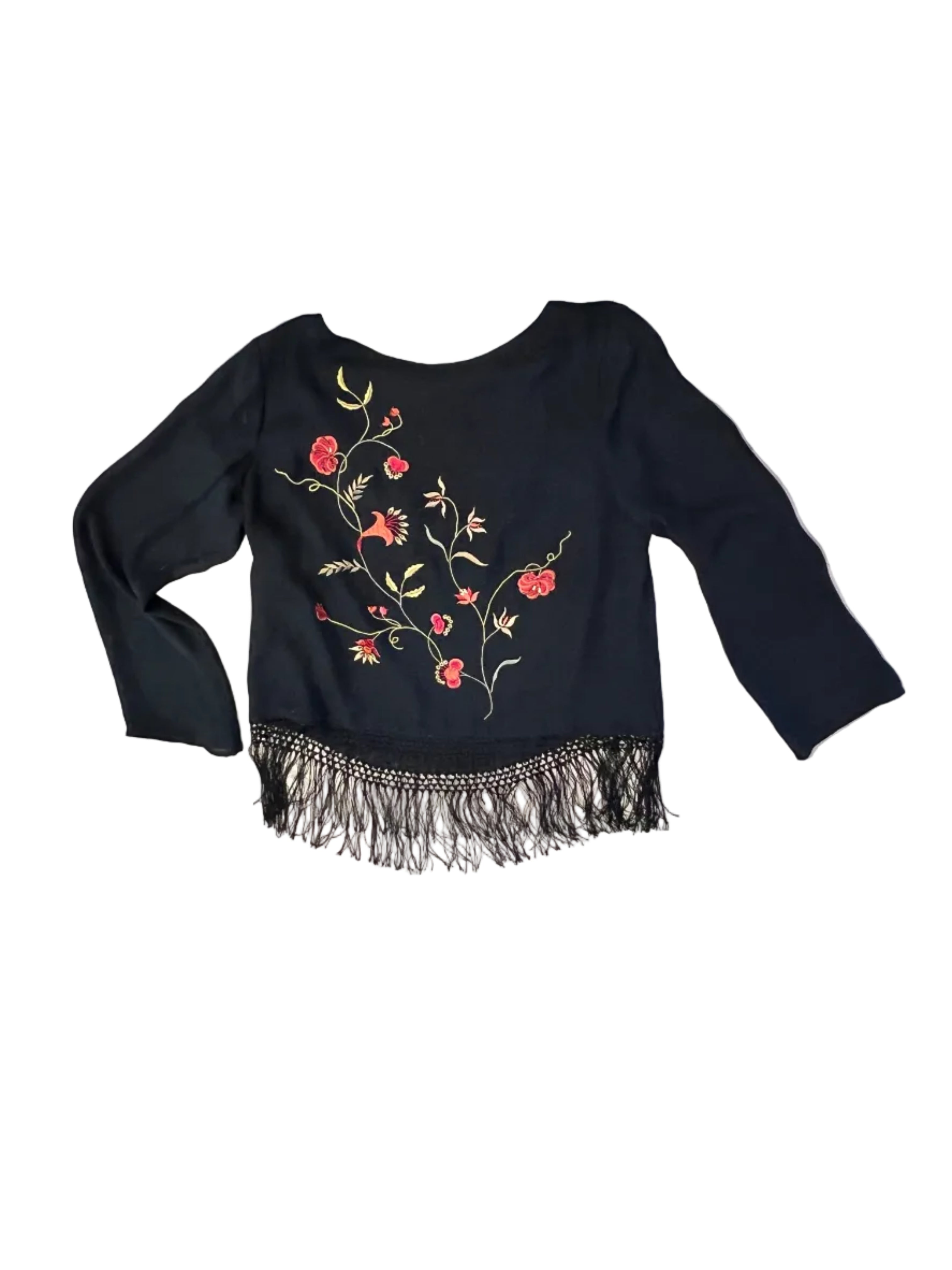 Black Embroidered Fringe Blouse