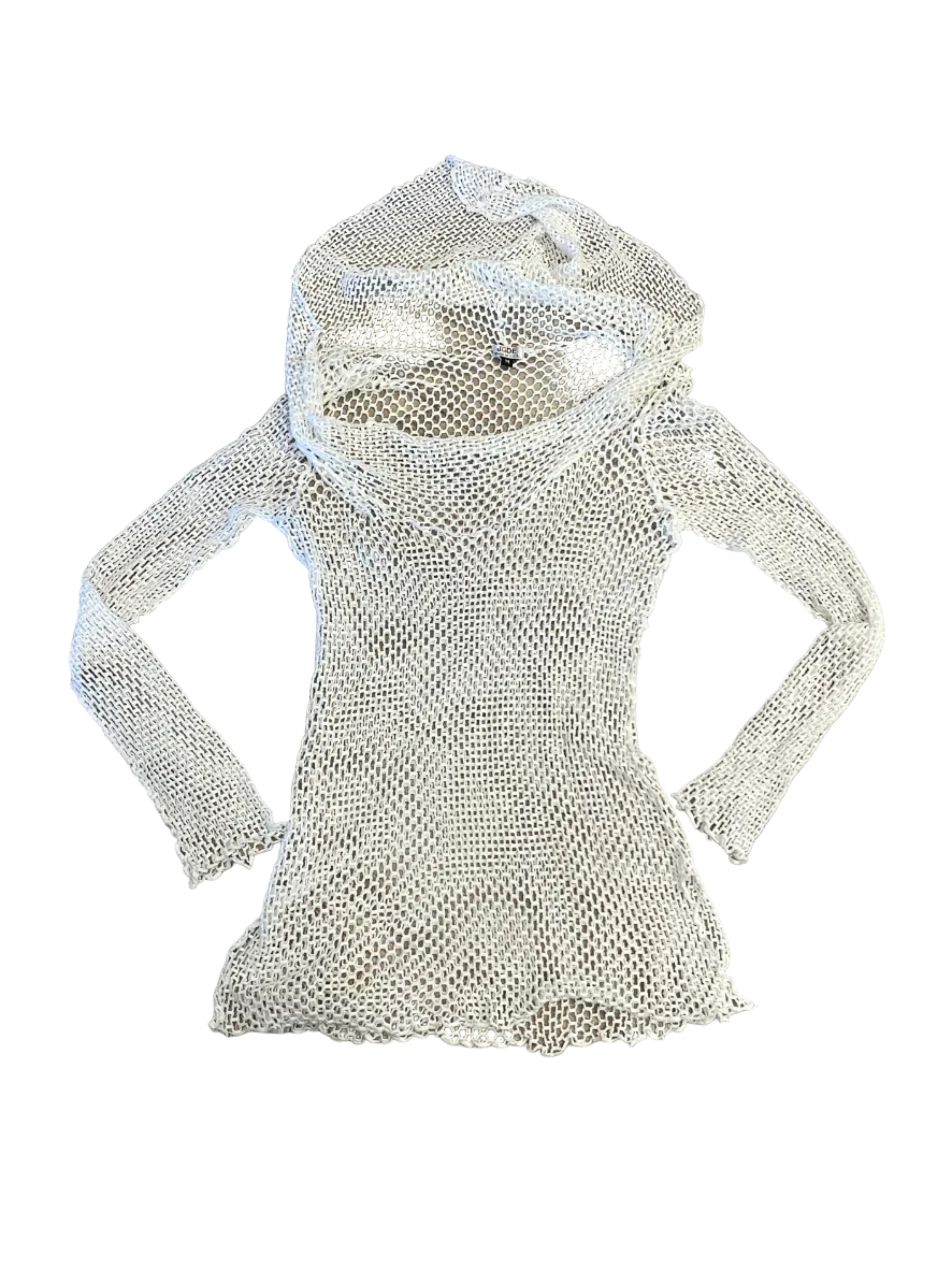 White Open Knit Hooded Top