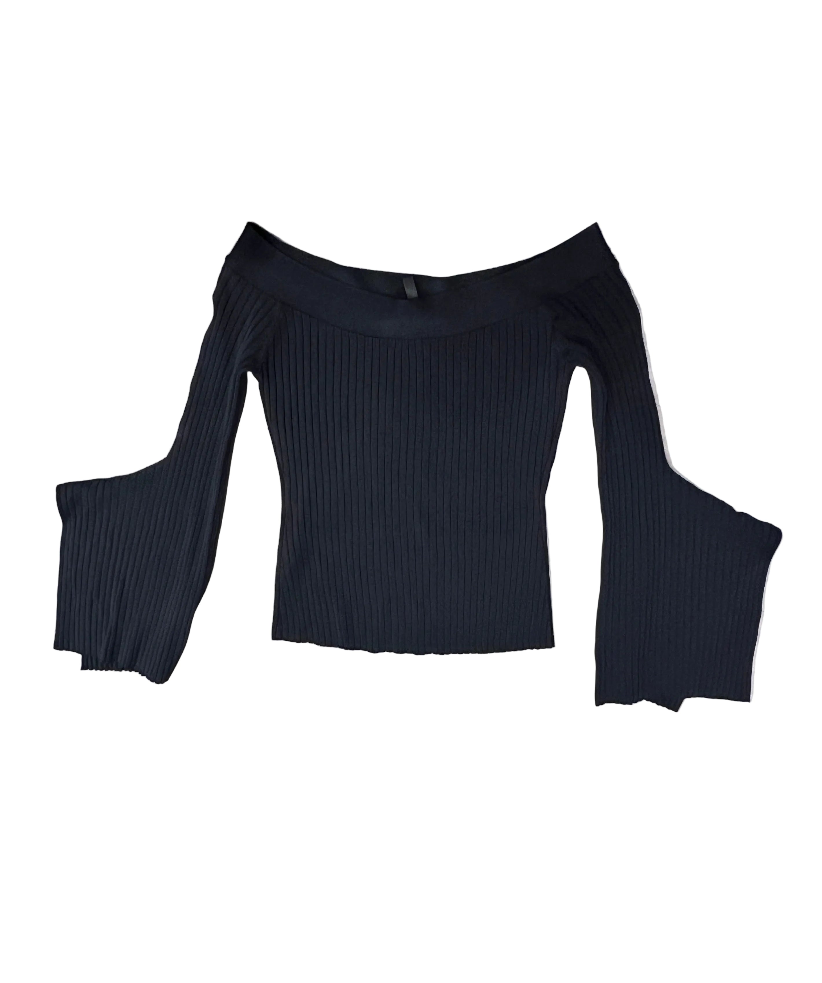 BCBG MaxAzria Black Ribbed Off-Shoulder Bell Sleeve Top