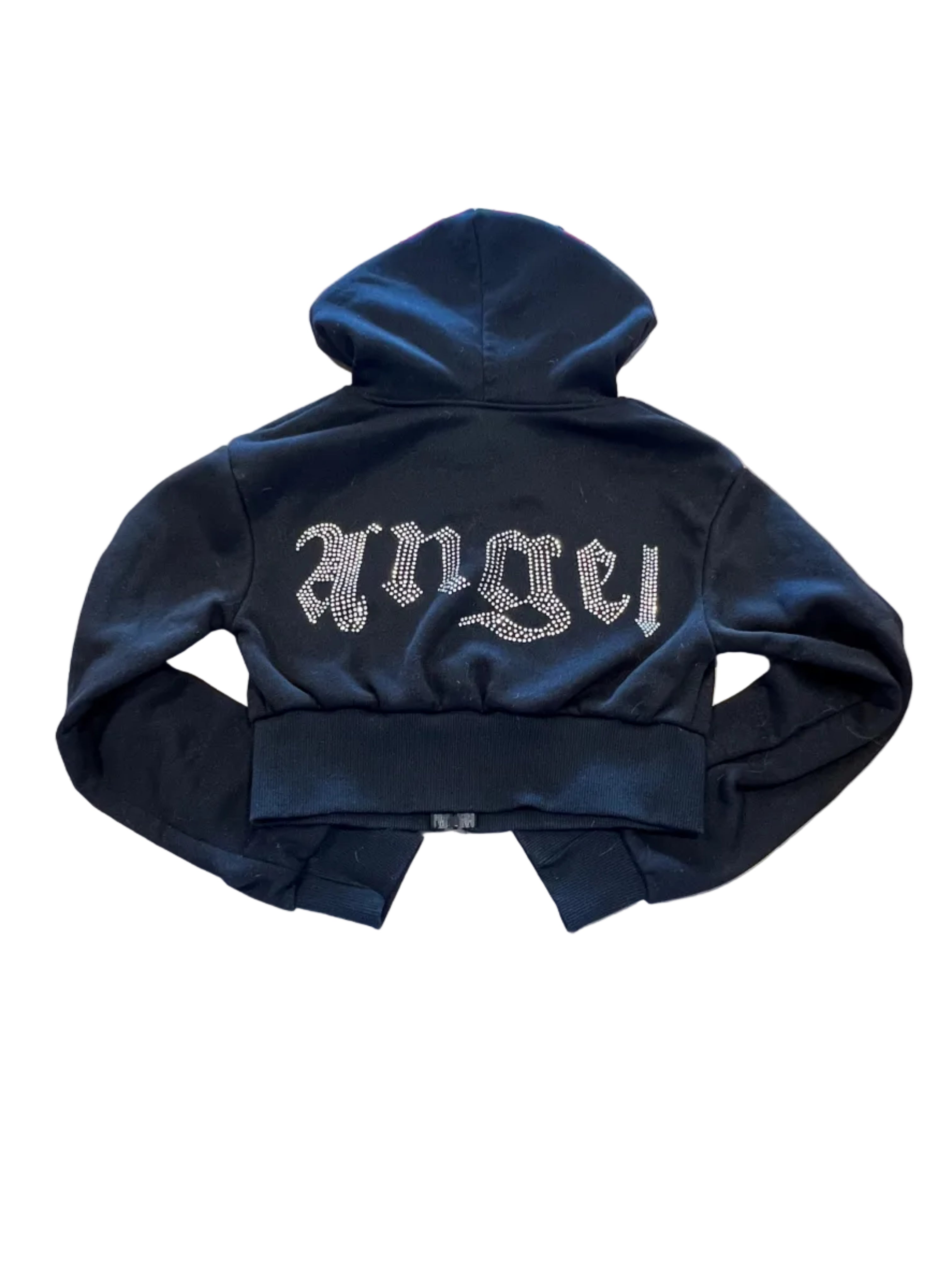 Y2K Cropped Rhinestone “Angel” Black Baby Zip Hoodie Jacket