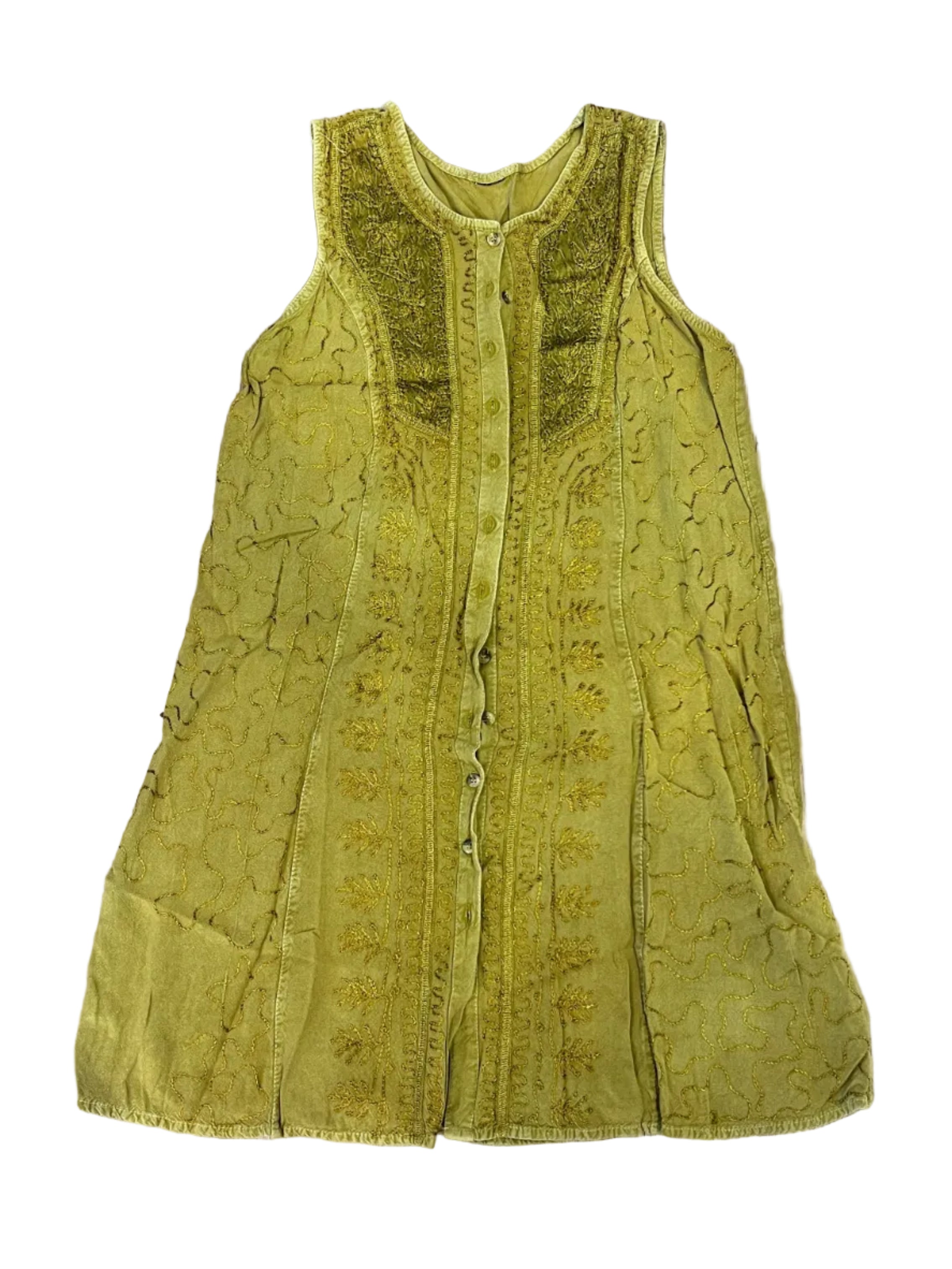 Vintage Mustard Green Embroidered Boho Tunic
