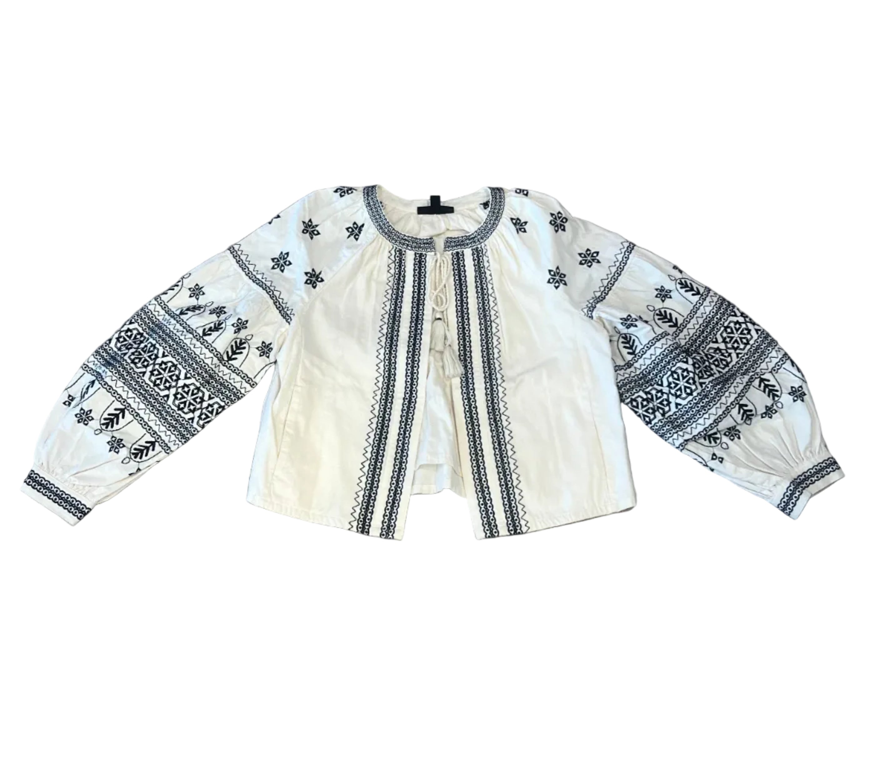 Ivory Boho Tie Blouse with Navy Embroidered Details