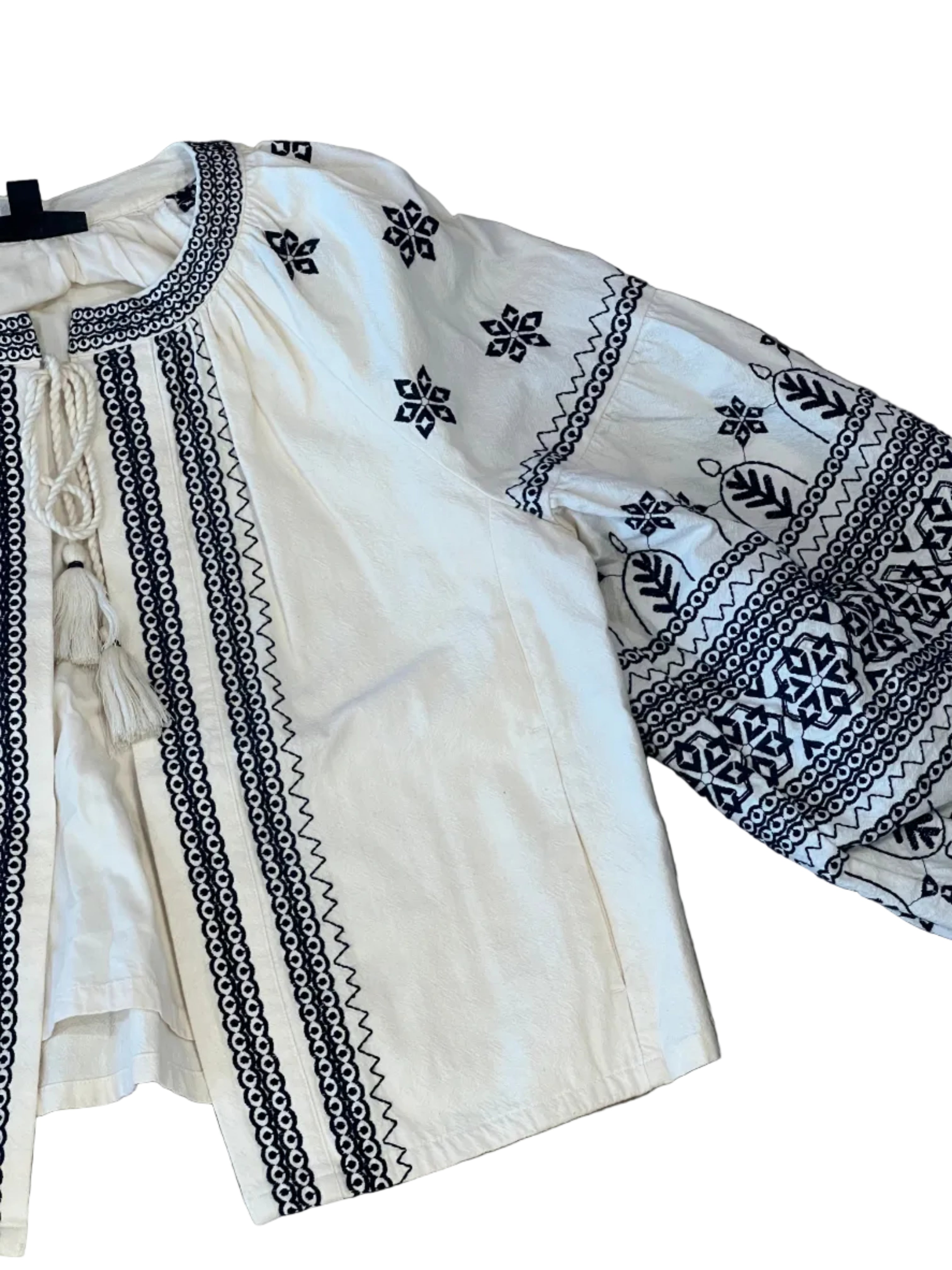 Ivory Boho Tie Blouse with Navy Embroidered Details