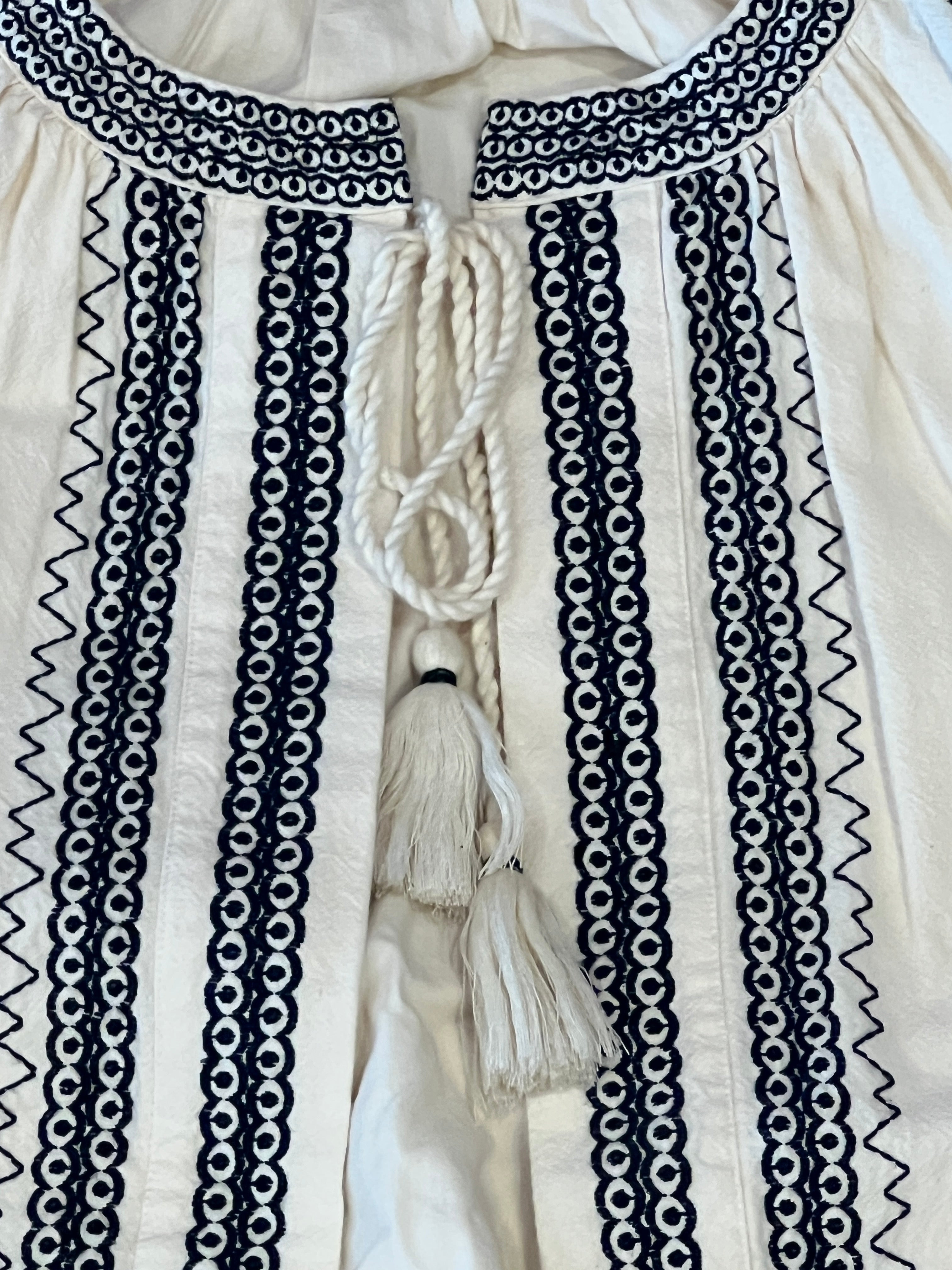 Ivory Boho Tie Blouse with Navy Embroidered Details