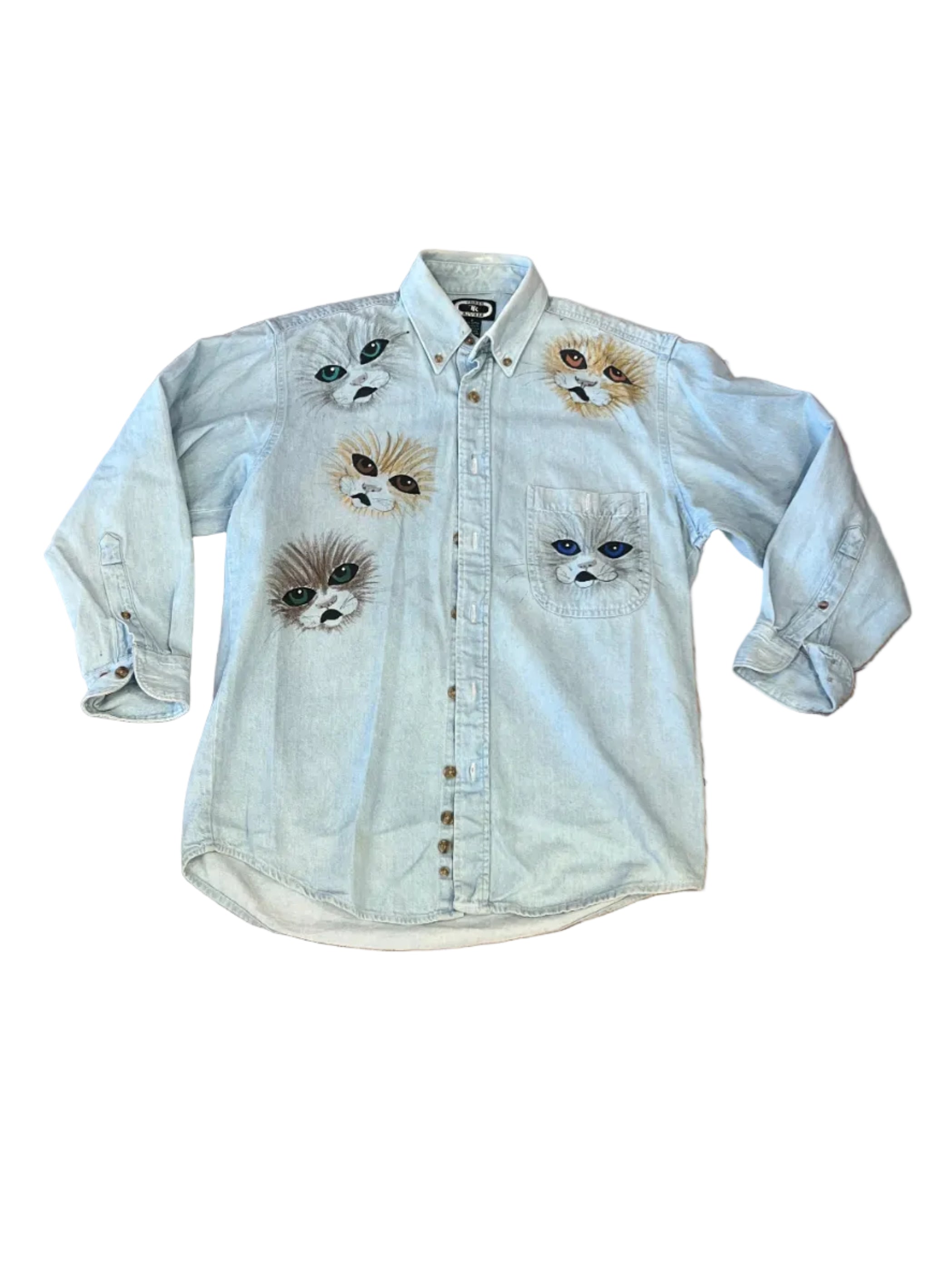 Vintage Denim Button Up with Hand-Painted Cats
