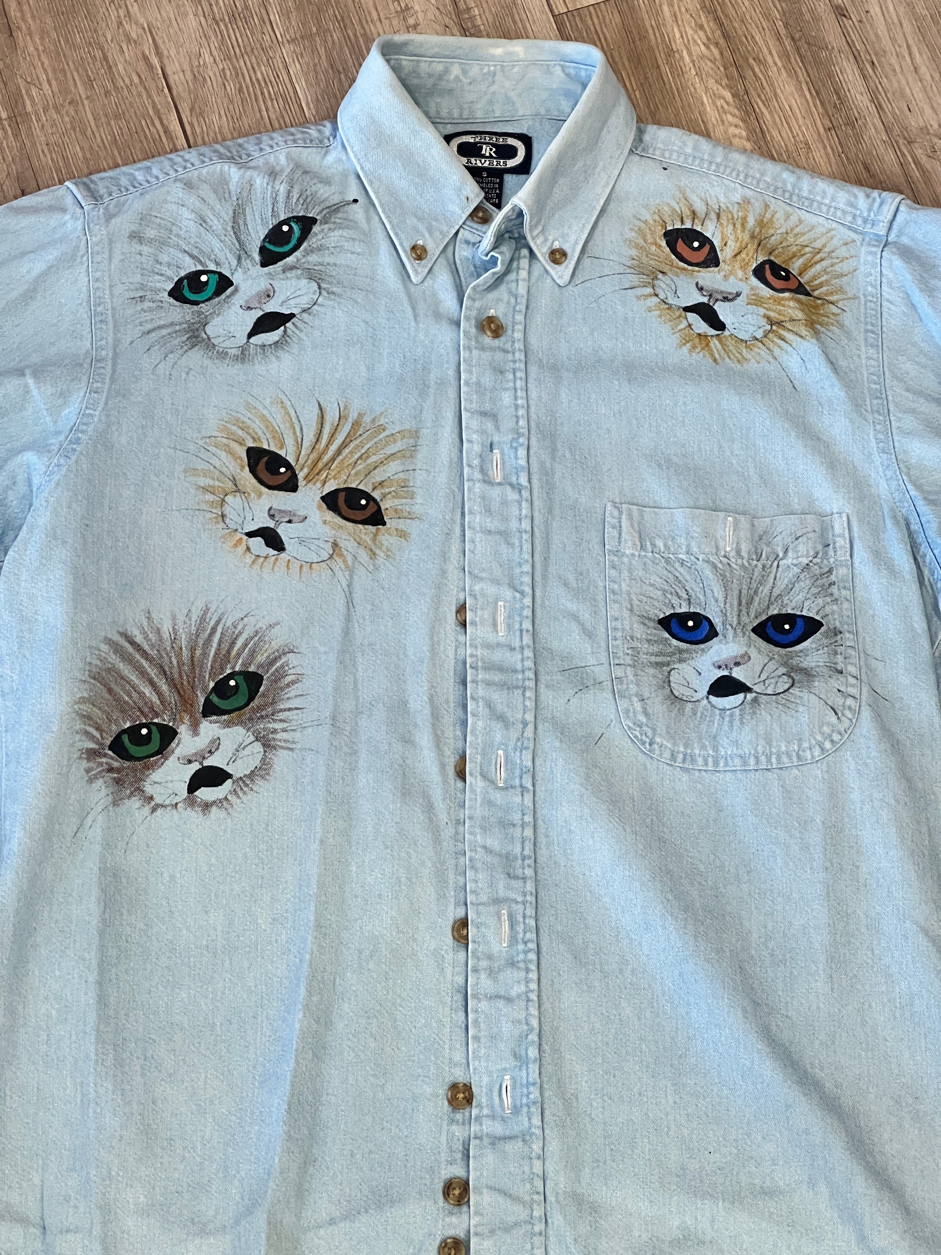 Vintage Denim Button Up with Hand-Painted Cats