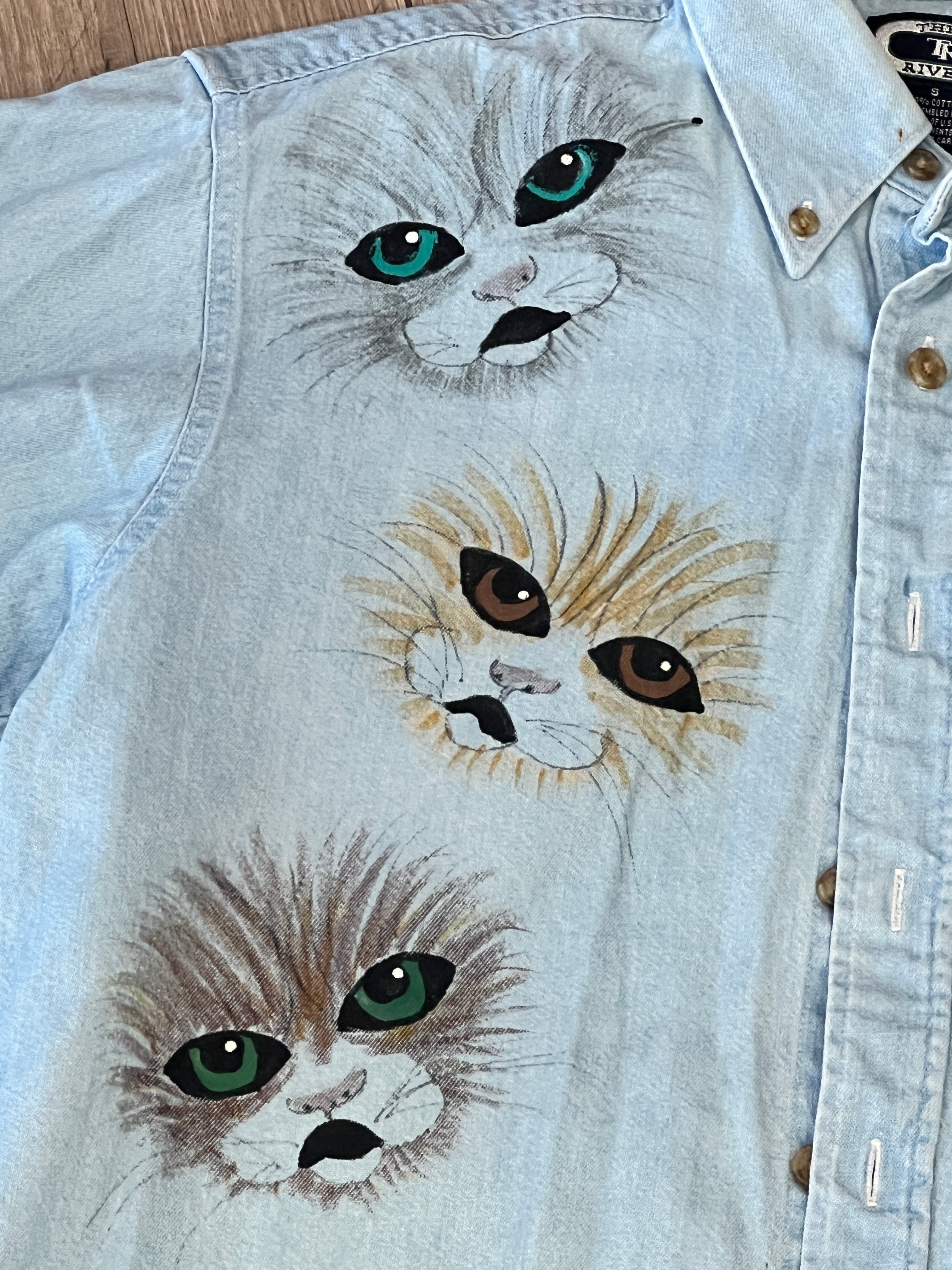 Vintage Denim Button Up with Hand-Painted Cats
