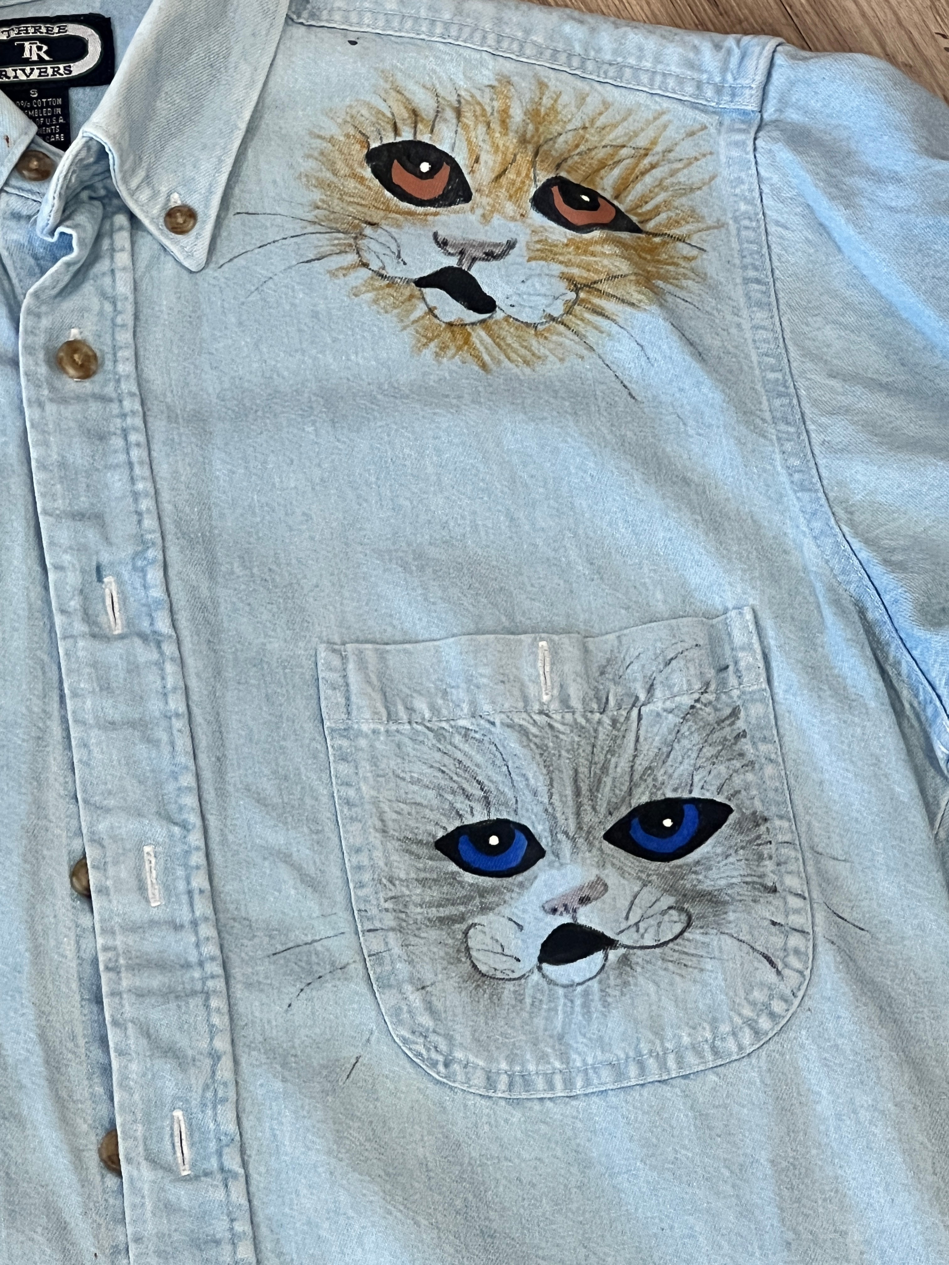 Vintage Denim Button Up with Hand-Painted Cats