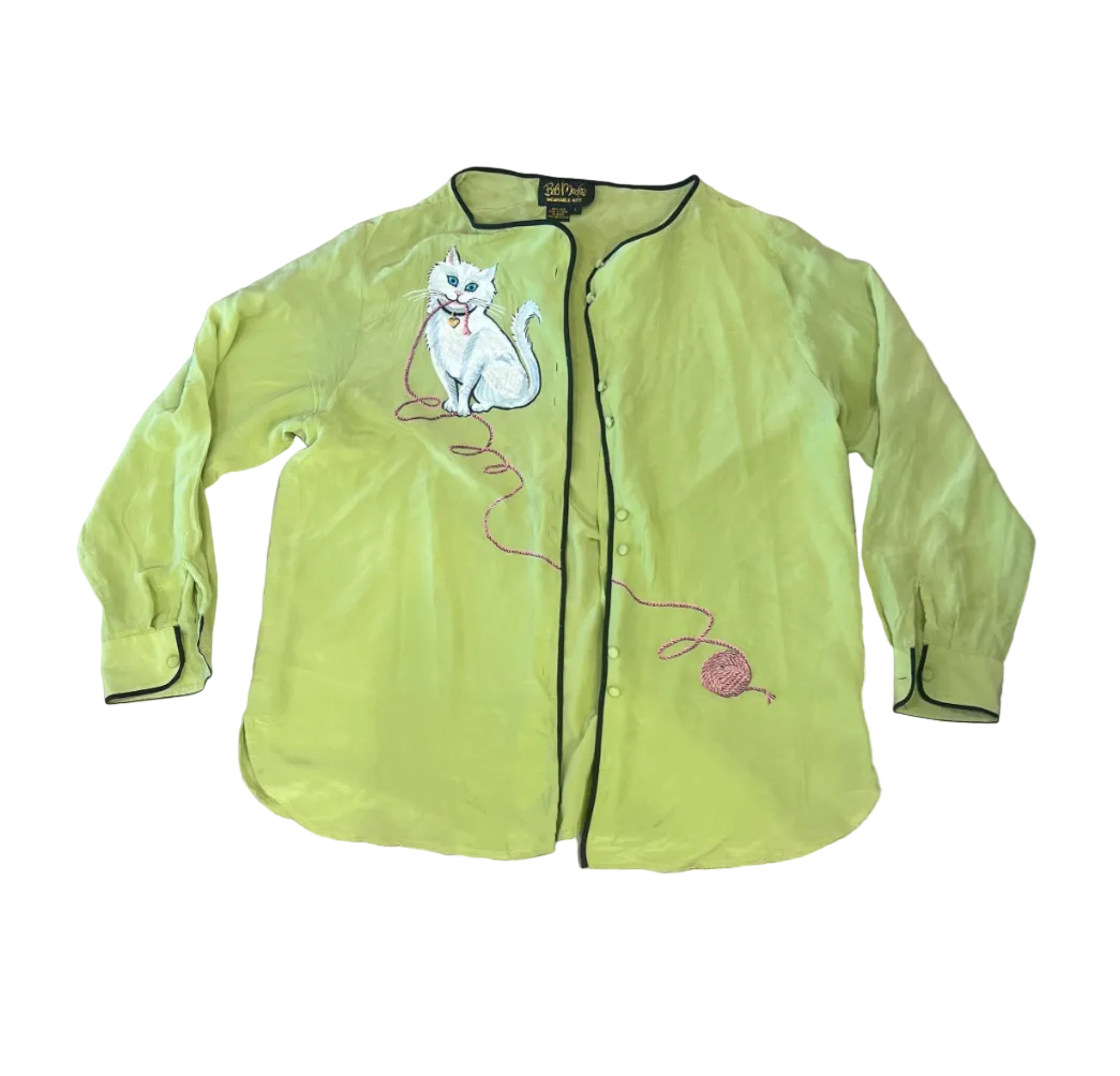 Vintage Bob Mackie Wearable Art Embroidered Cat with Yarn Silk Blouse