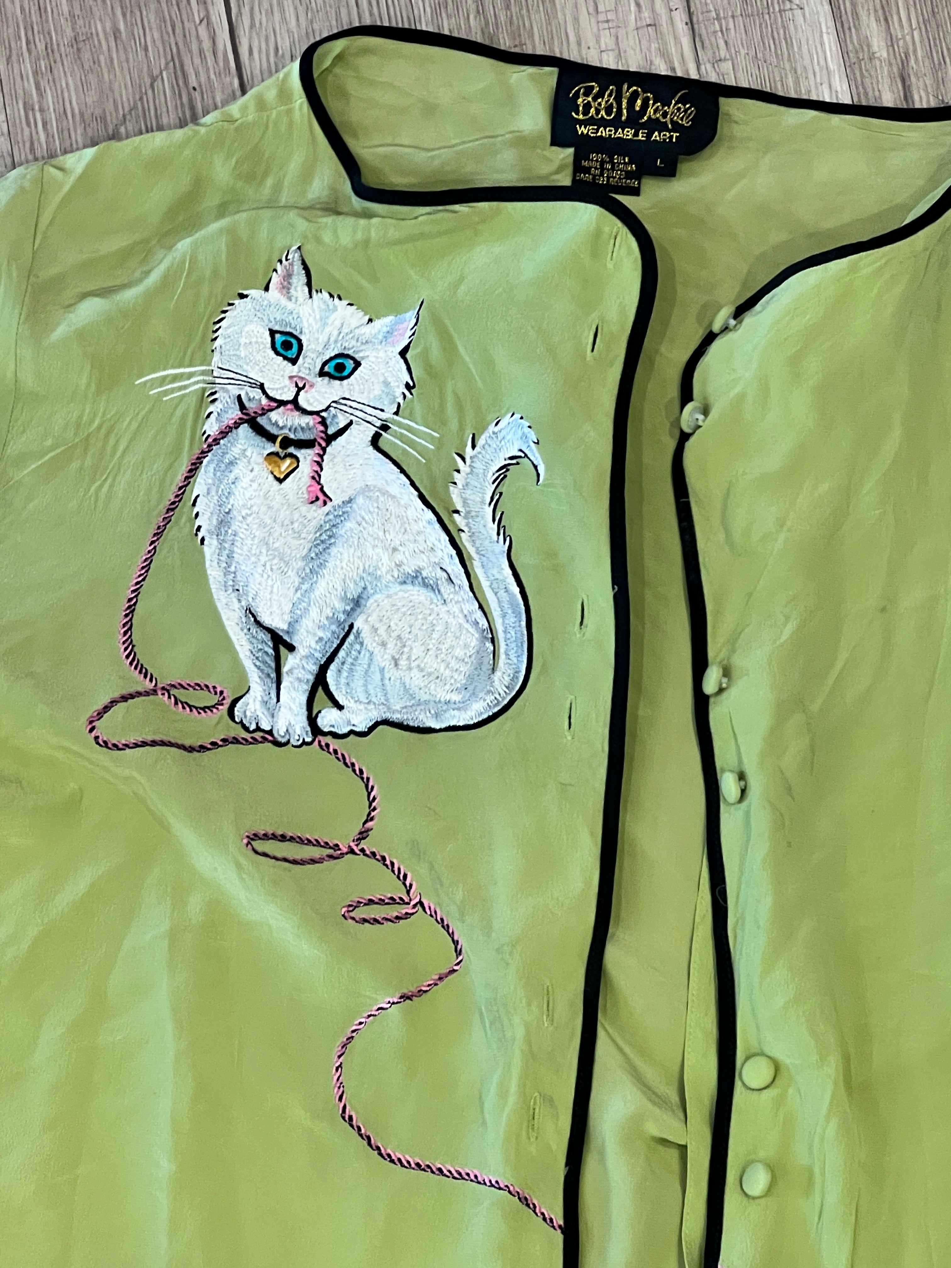 Vintage Bob Mackie Wearable Art Embroidered Cat with Yarn Silk Blouse