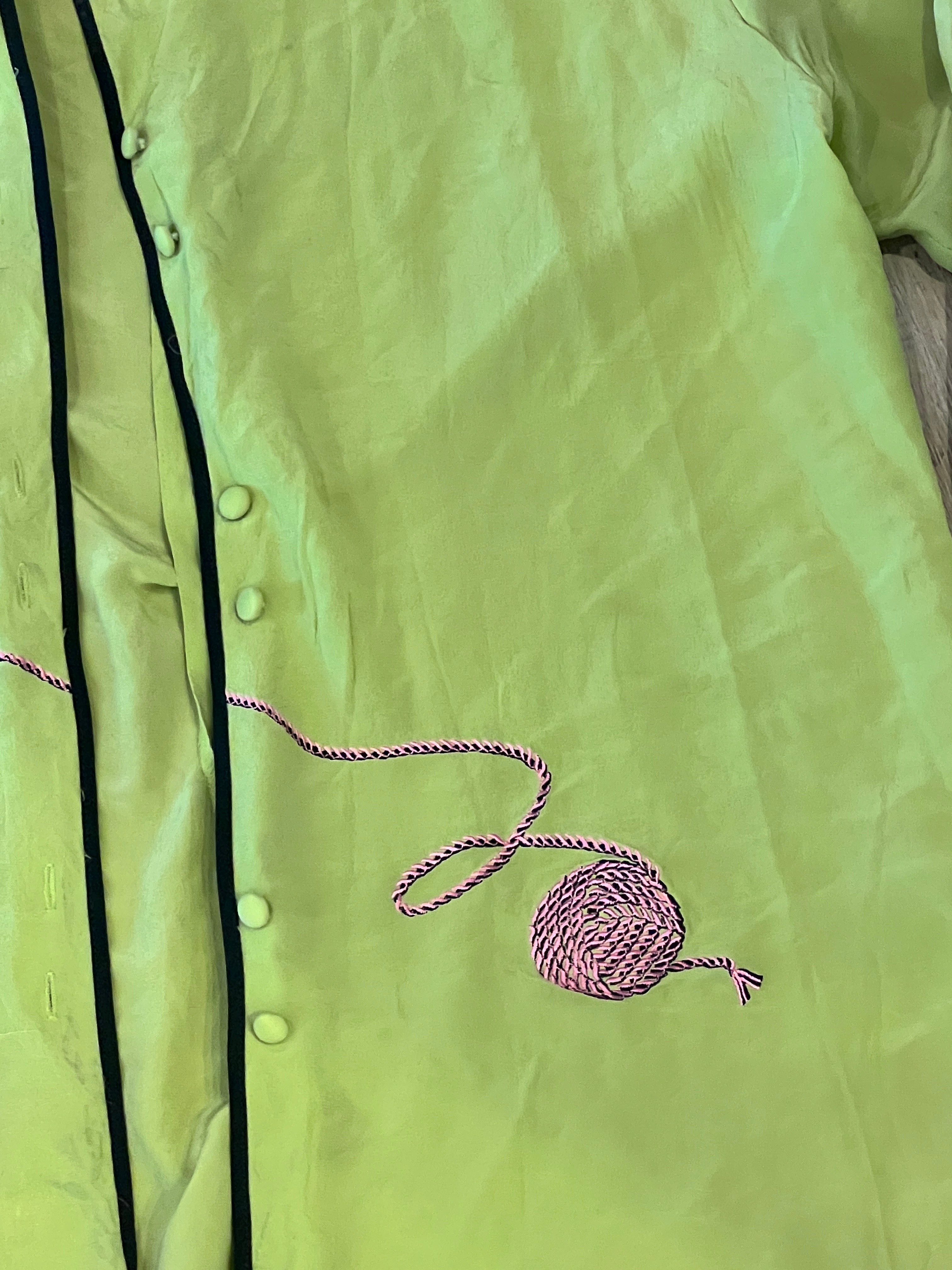 Vintage Bob Mackie Wearable Art Embroidered Cat with Yarn Silk Blouse