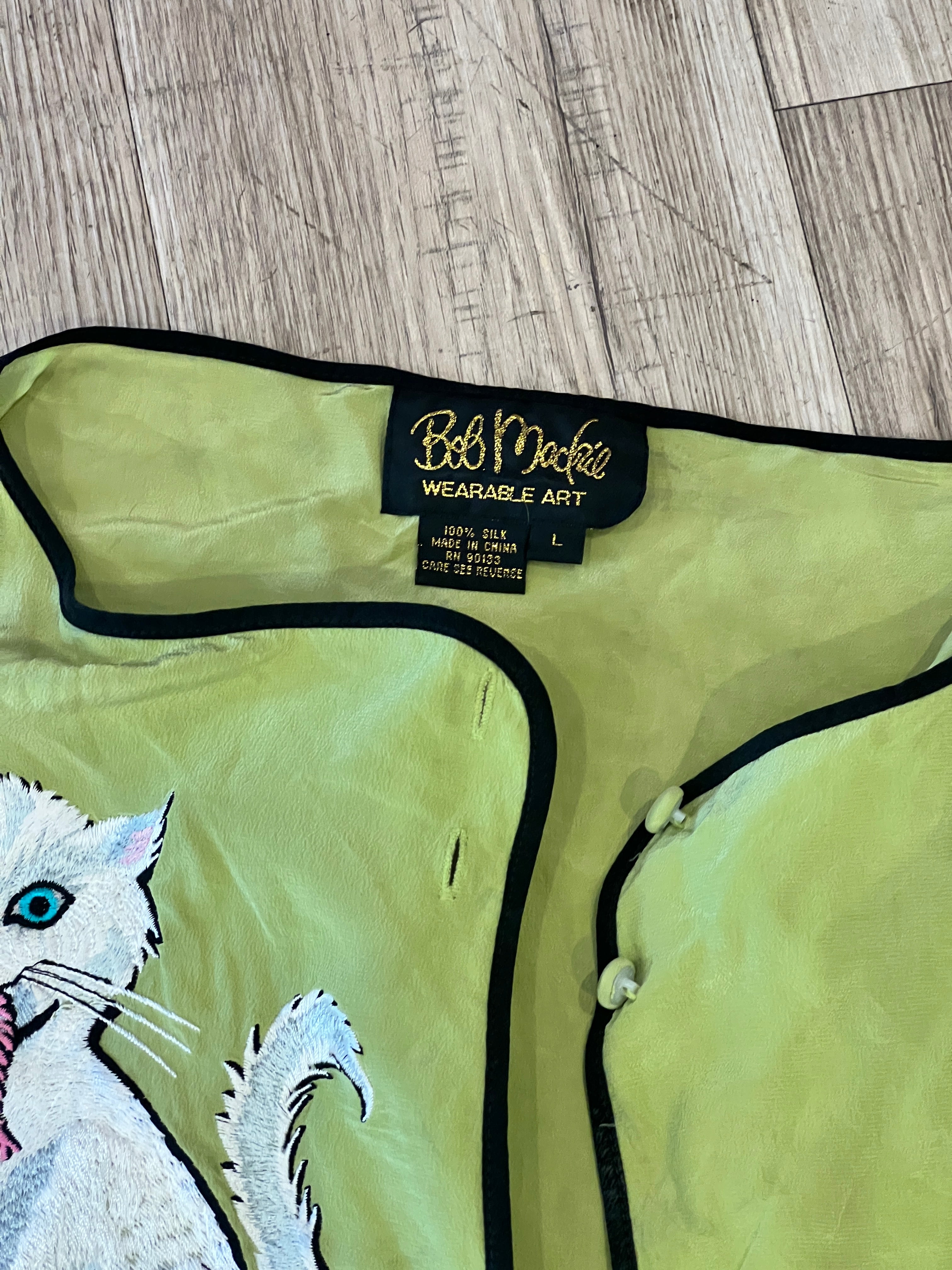 Vintage Bob Mackie Wearable Art Embroidered Cat with Yarn Silk Blouse