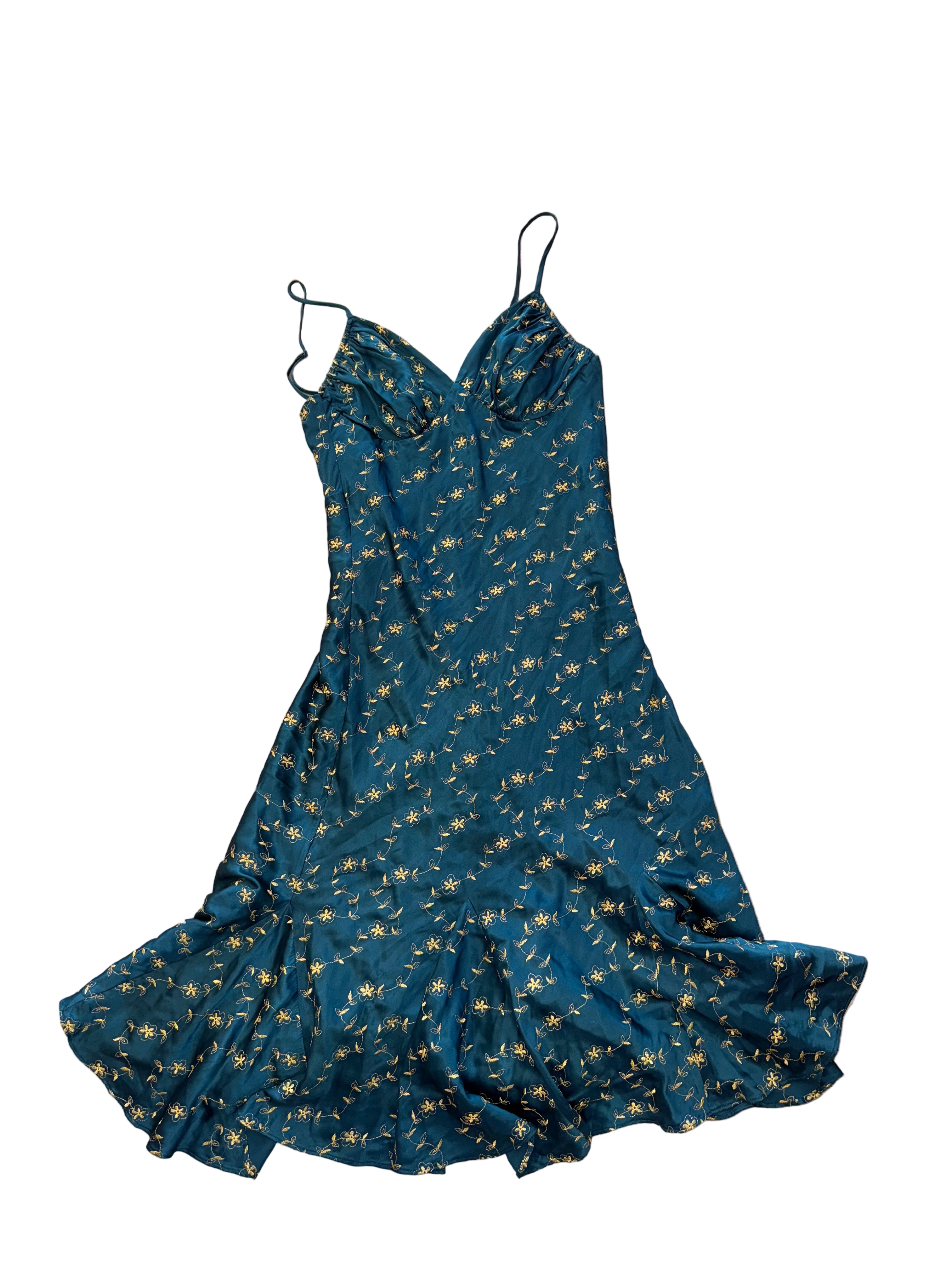 Vintage Betsey Johnson Teal Embroidered Slip Dress