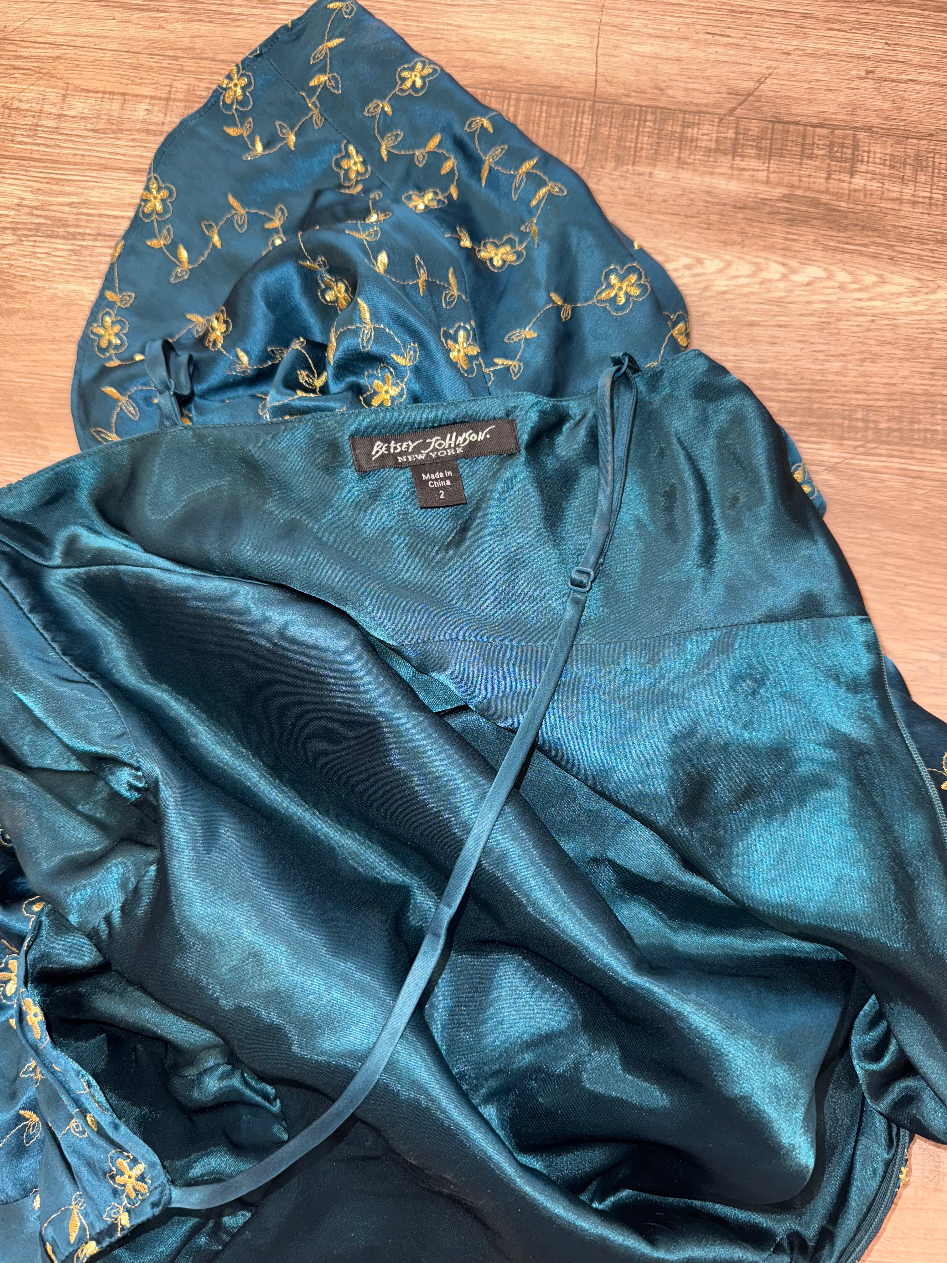 Vintage Betsey Johnson Teal Embroidered Slip Dress