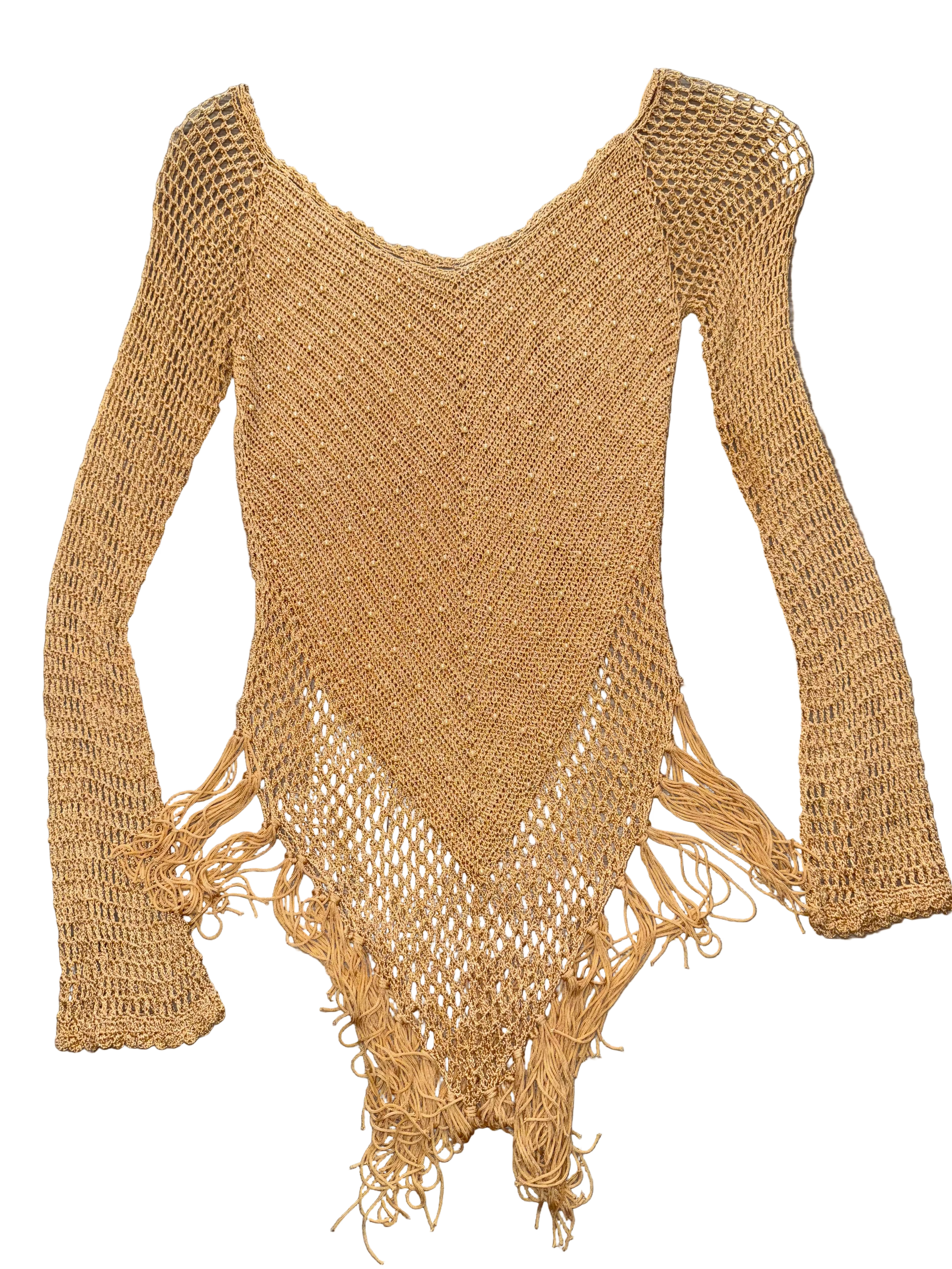 Vintage Handmade Gold Beaded Knit Poncho