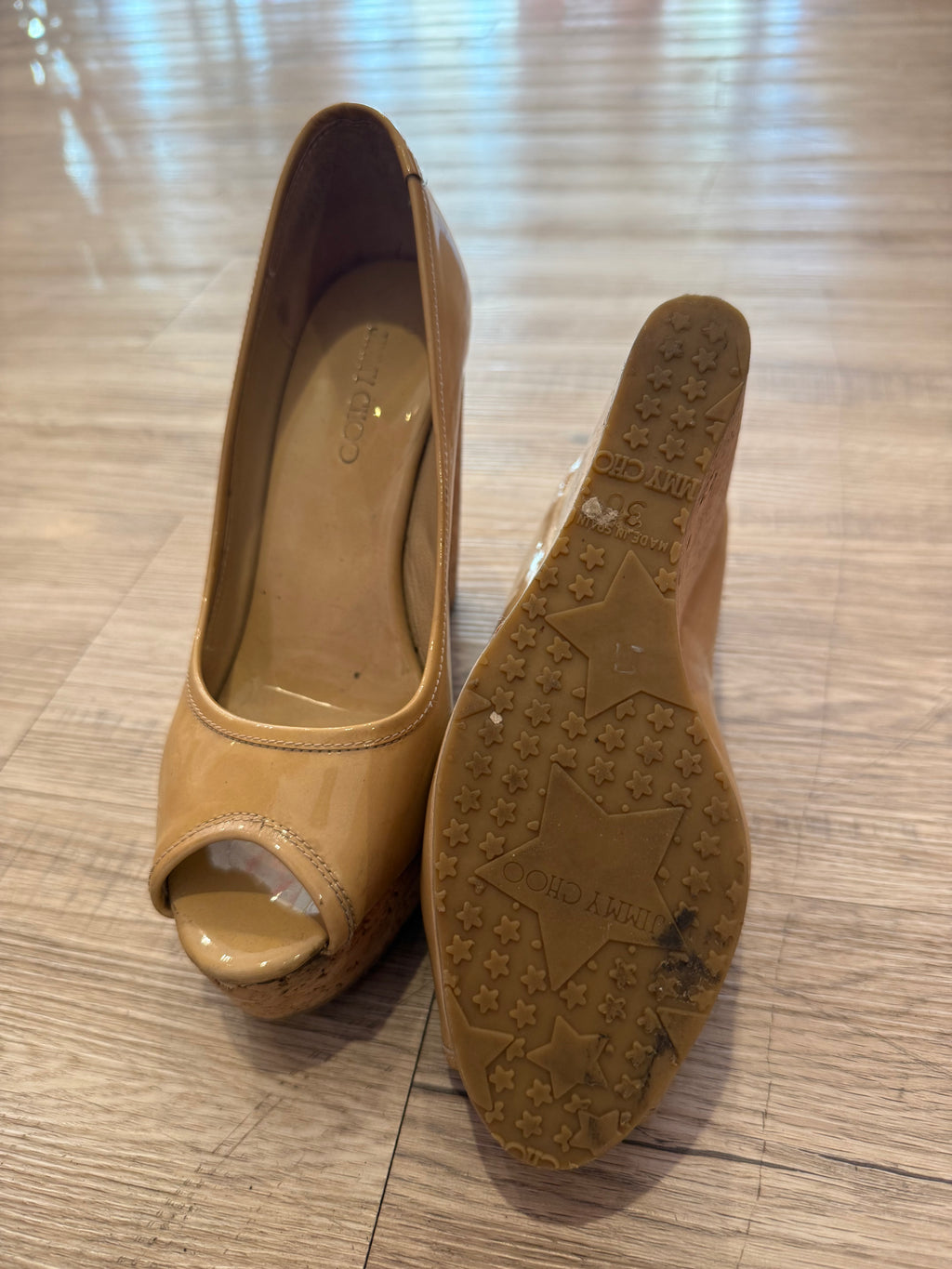 Vintage Jimmy Choo Patent Leather Peep Toe Wedges (Size 6.5)