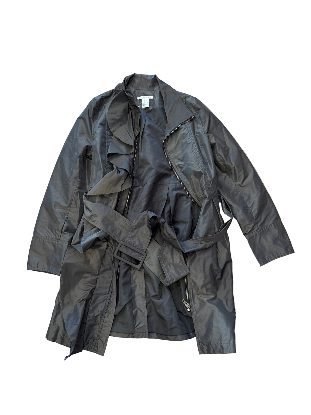 Gray Ruffle Long Rain Trench Coat with Belt