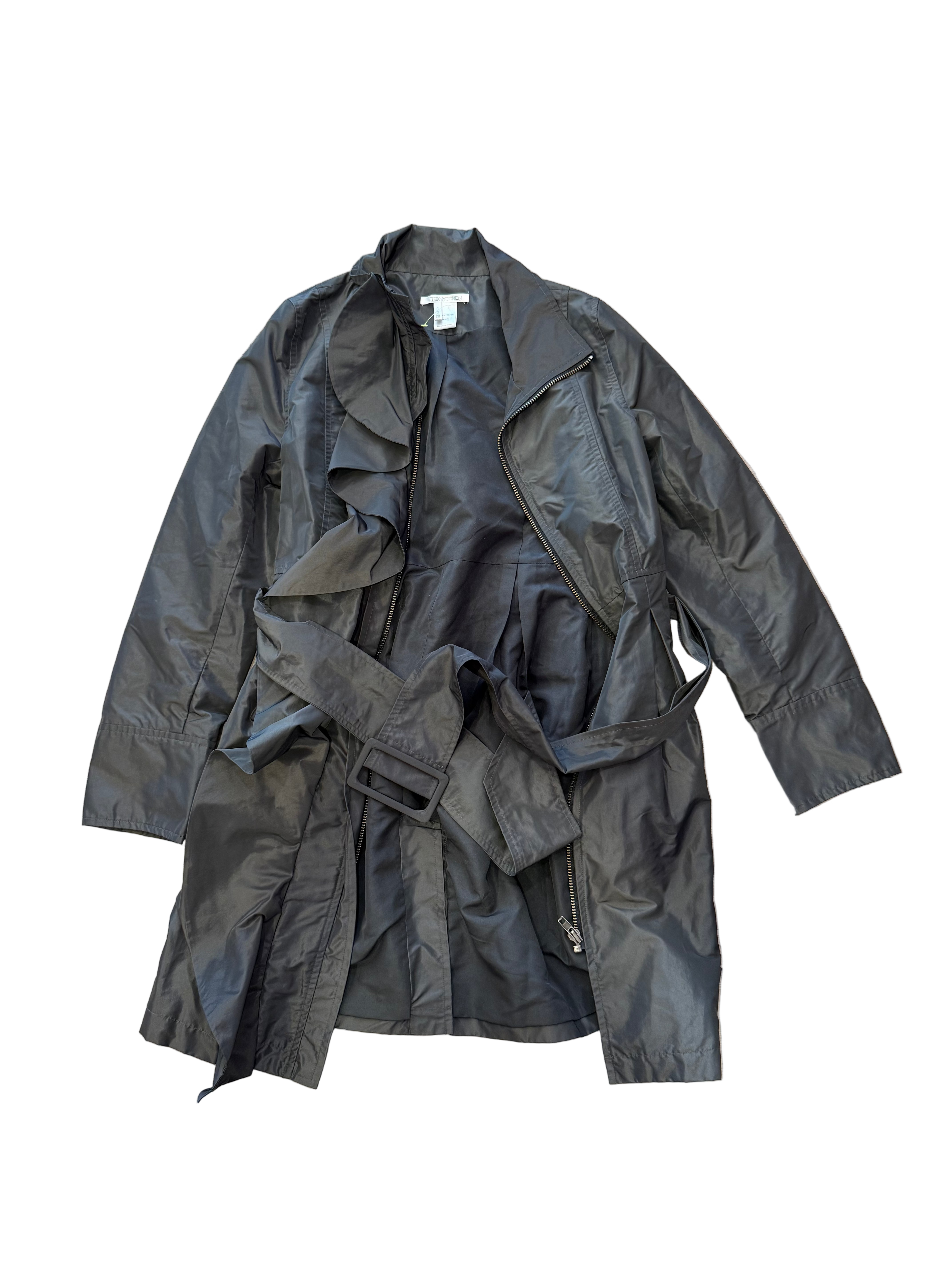 Gray Ruffle Long Rain Trench Coat with Belt